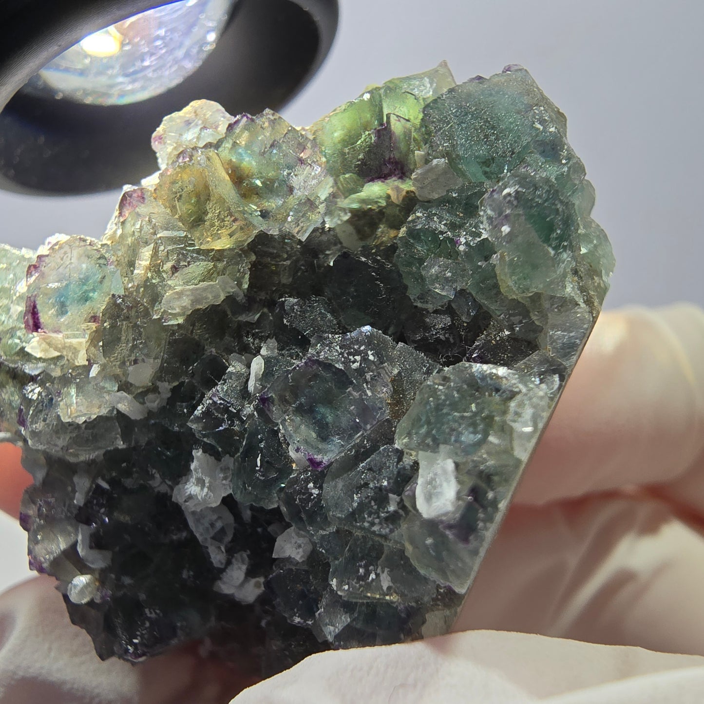 Spécimen de cube de fluorite fantôme, vert-violet zonal, Okorusu, Namibie, 35 x 35 x 28 mm