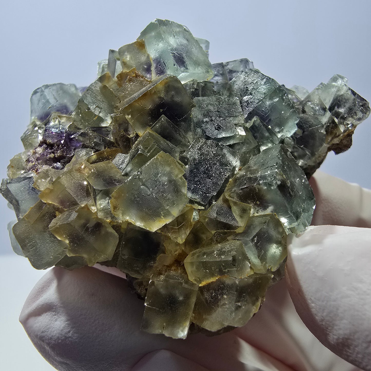 Spécimen de cube de fluorite fantôme transparente, vert-violet, Okorusu, Namibie, 54 x 41 x 22 mm