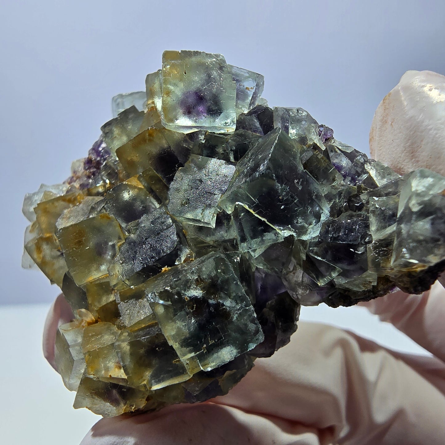 Spécimen de cube de fluorite fantôme transparente, vert-violet, Okorusu, Namibie, 54 x 41 x 22 mm