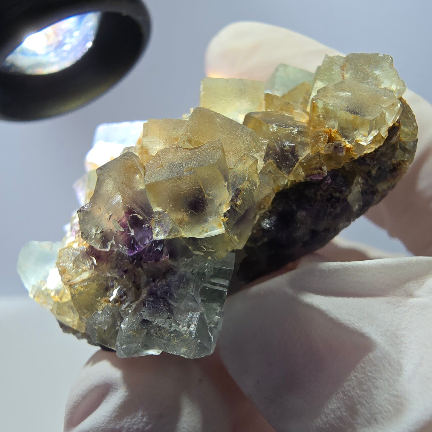 Spécimen de cube de fluorite fantôme transparente, vert-violet, Okorusu, Namibie, 54 x 41 x 22 mm