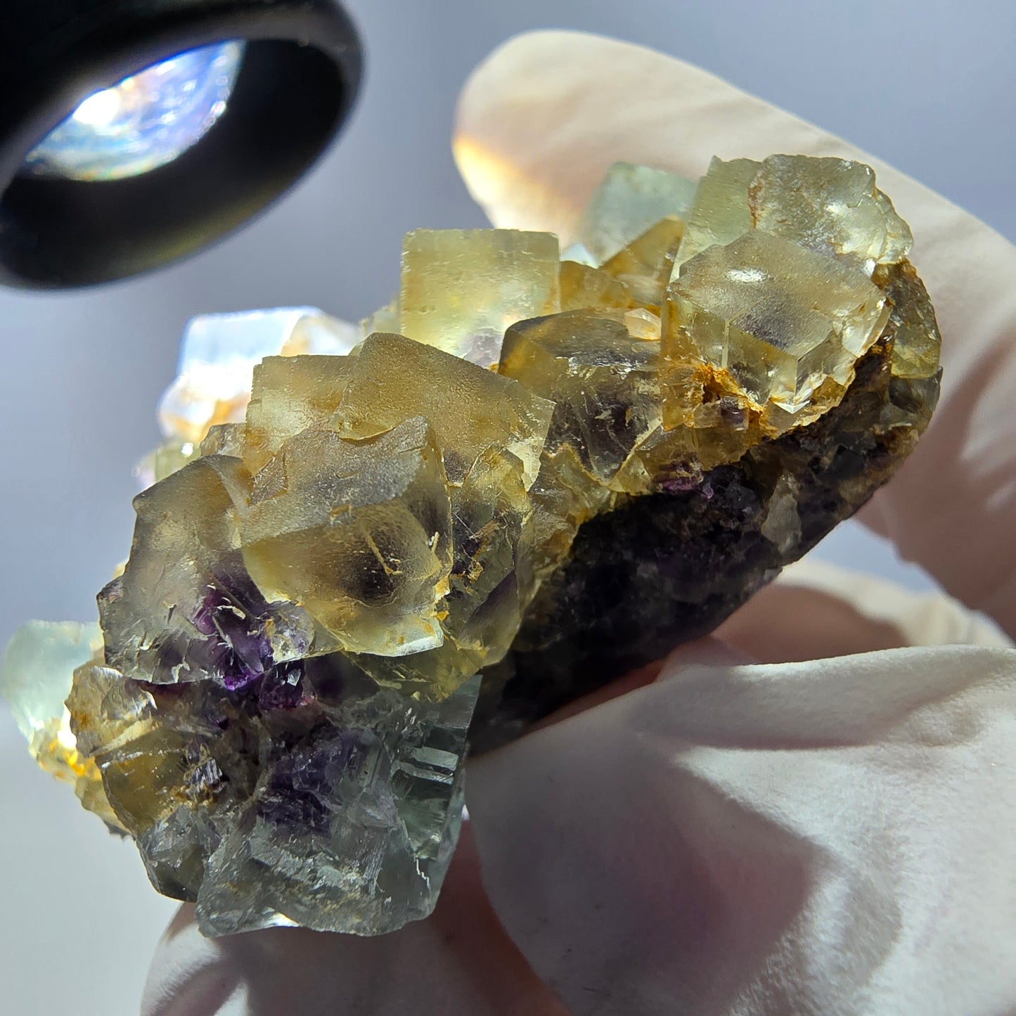 Spécimen de cube de fluorite fantôme transparente, vert-violet, Okorusu, Namibie, 54 x 41 x 22 mm