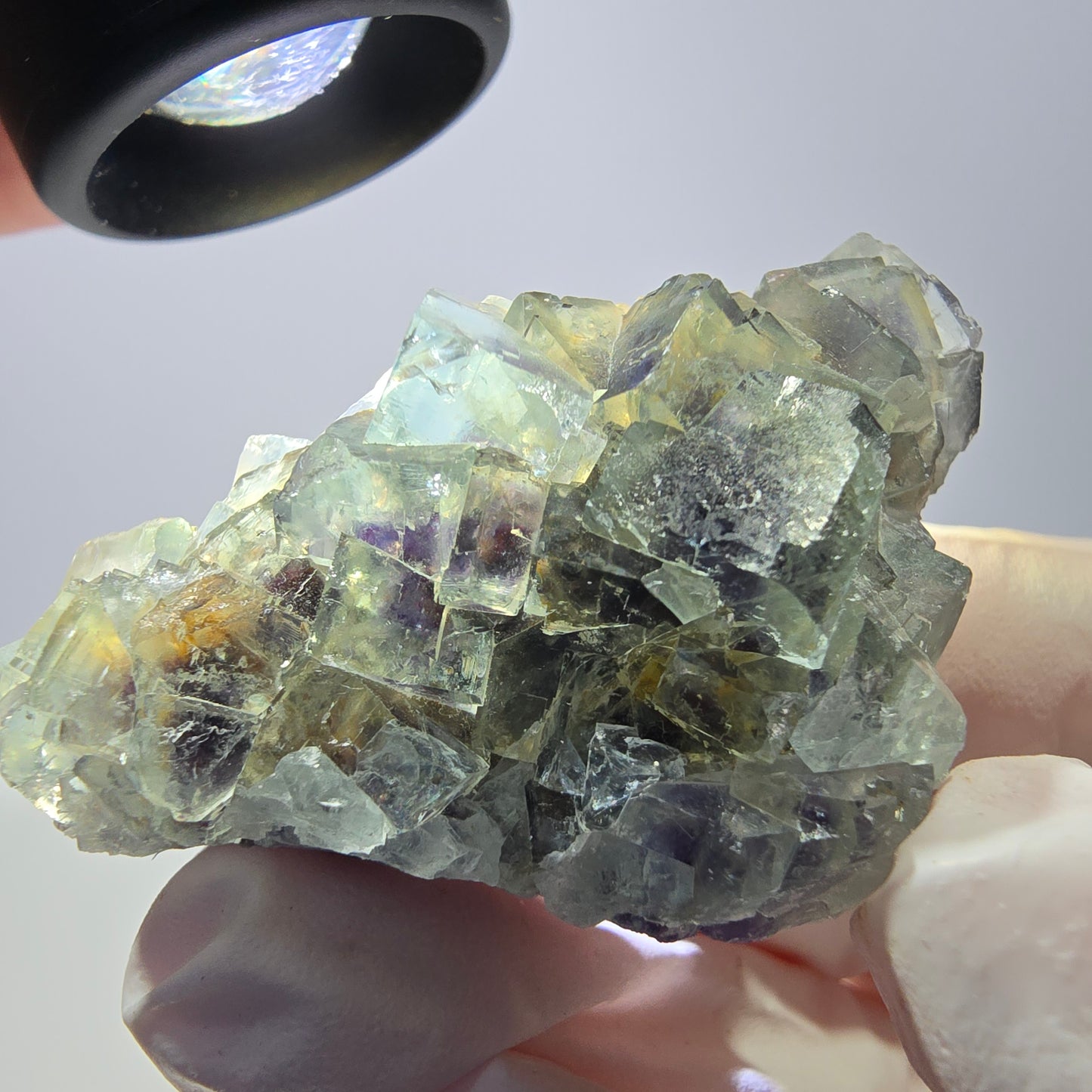 Spécimen de cube de fluorite fantôme transparente, vert-violet, Okorusu, Namibie, 45 x 35 x 19 mm