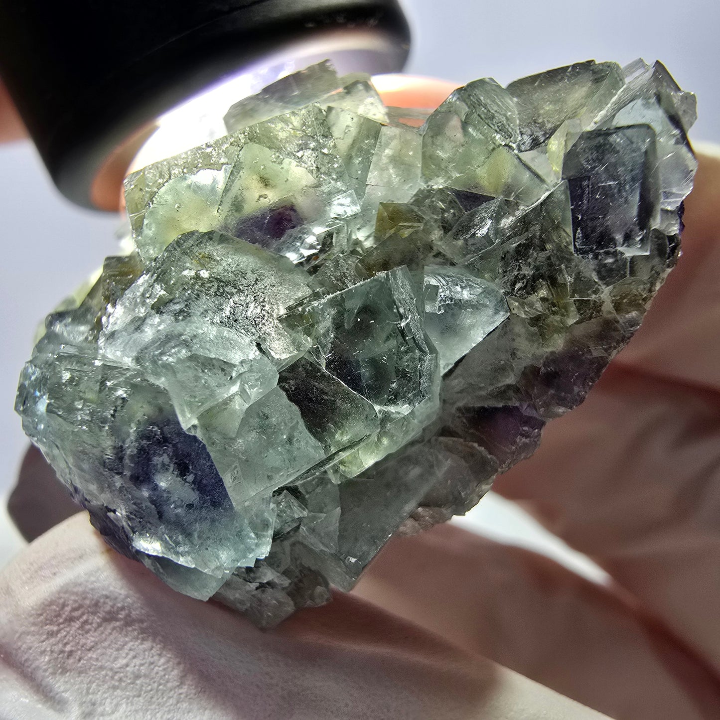 Spécimen de cube de fluorite fantôme transparente, vert-violet, Okorusu, Namibie, 45 x 35 x 19 mm