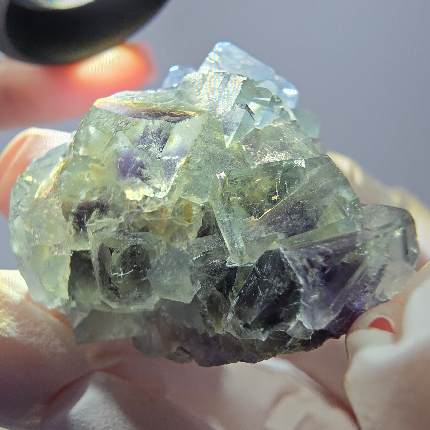Spécimen de cube de fluorite fantôme transparente, vert-violet, Okorusu, Namibie, 45 x 35 x 19 mm