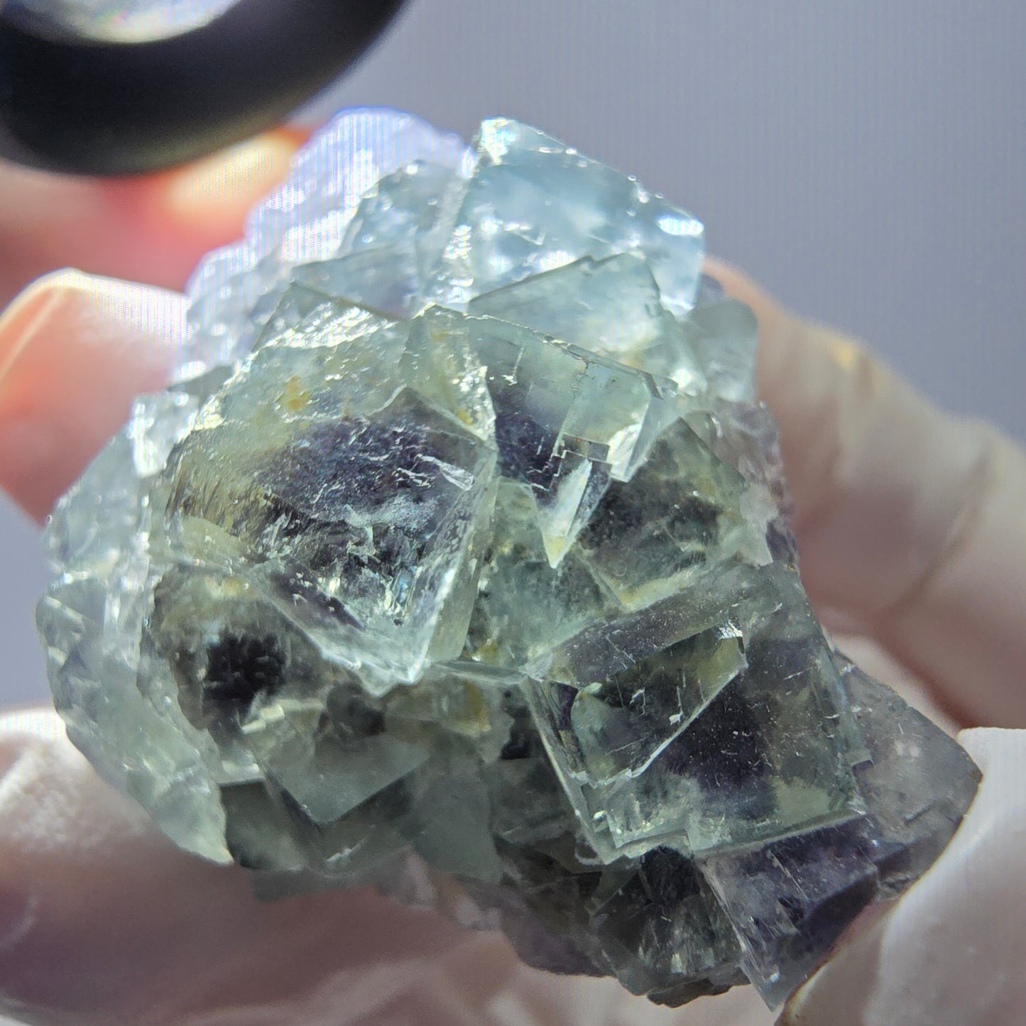 Spécimen de cube de fluorite fantôme transparente, vert-violet, Okorusu, Namibie, 45 x 35 x 19 mm
