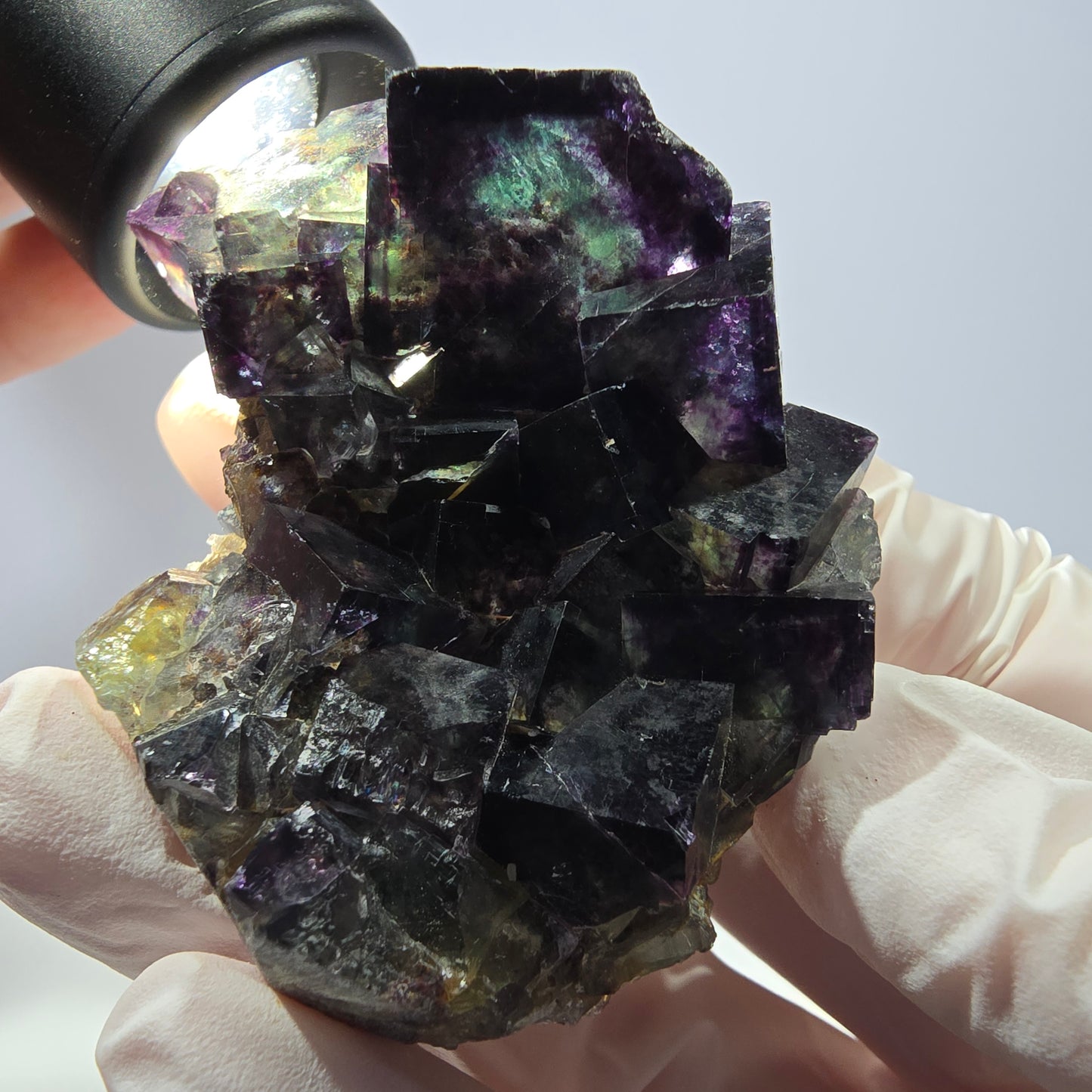 Spécimen de cube de fluorite fantôme, parqueté vert violet, Okorusu, Namibie 57*50*35 mm