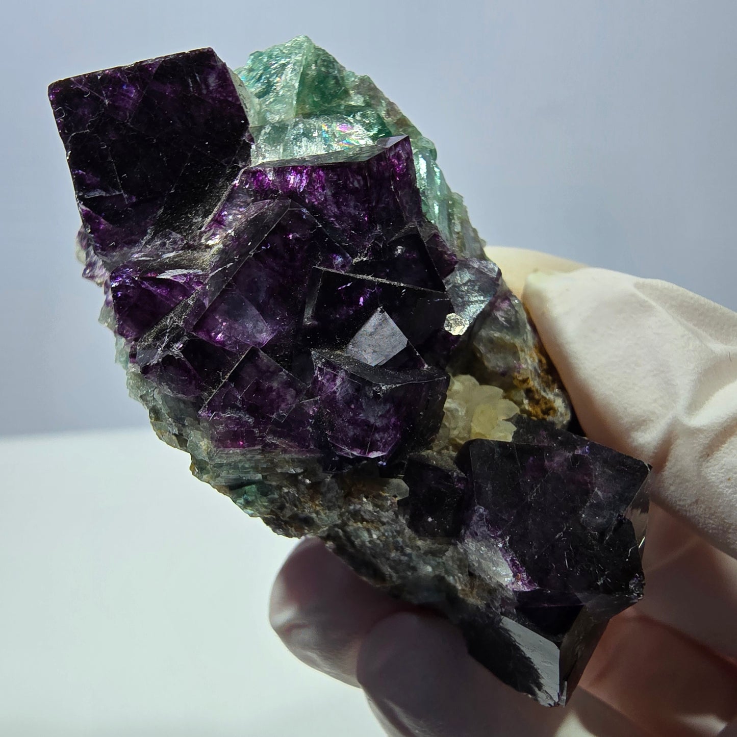 Cube de fluorite fantôme, spécimen de quartz vert violet, Okorusu, Namibie, 62 x 35 x 29 mm