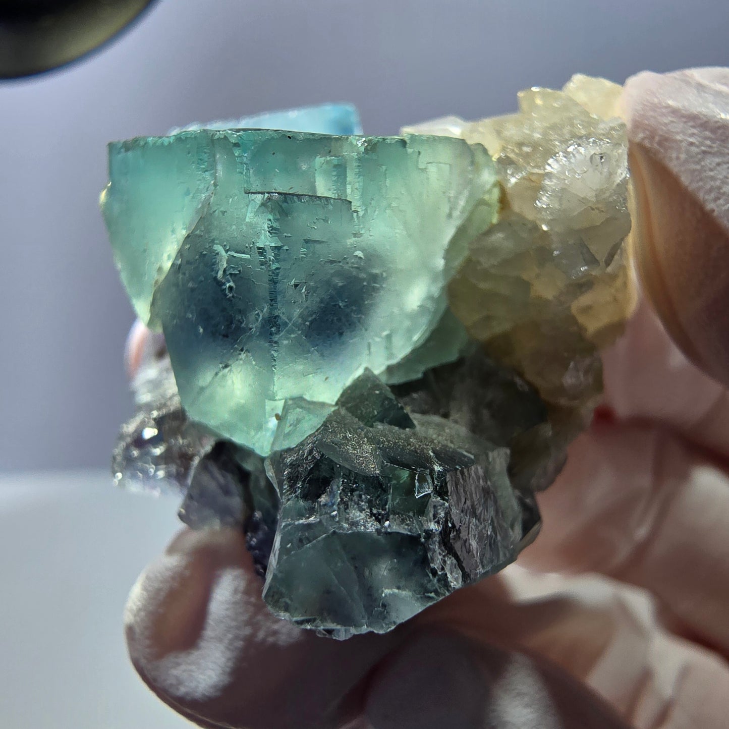 Rare cube de fluorite fantôme, spécimen de quartz vert violet Okorusu Namibie 44 x 32 x 26 mm