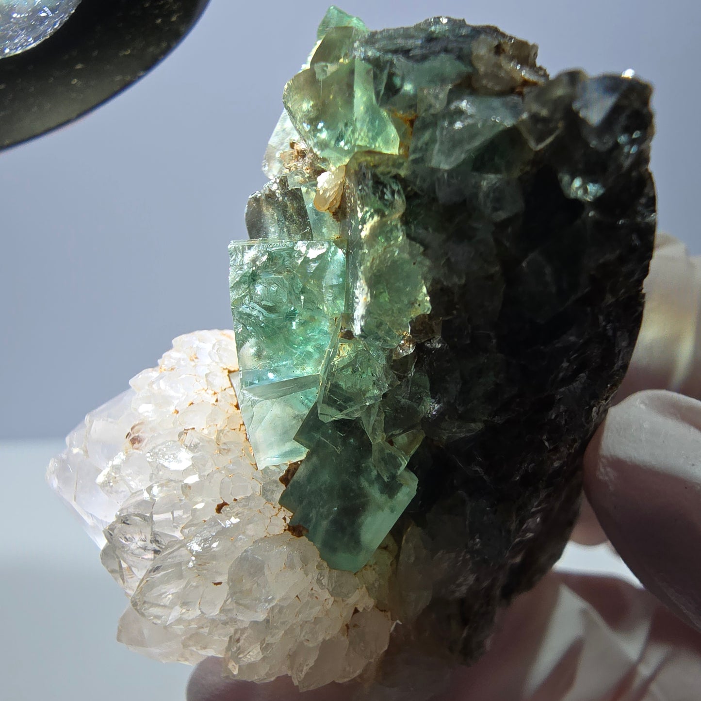 Rare cube de fluorite fantôme, spécimen de quartz vert Okorusu, Namibie, 52 x 37 x 35 mm