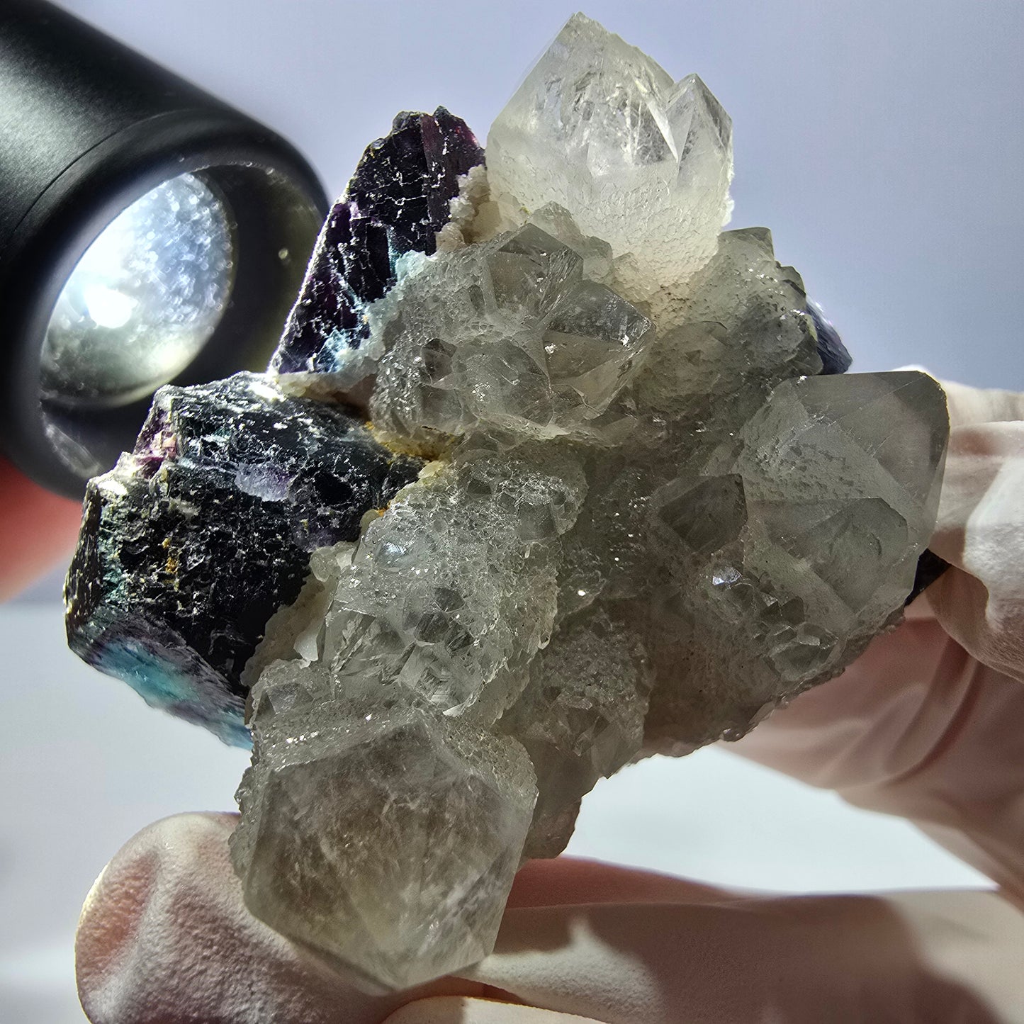 Rare cube de fluorite fantôme, spécimen de quartz vert violet Okorusu Namibie 49*41*29mm
