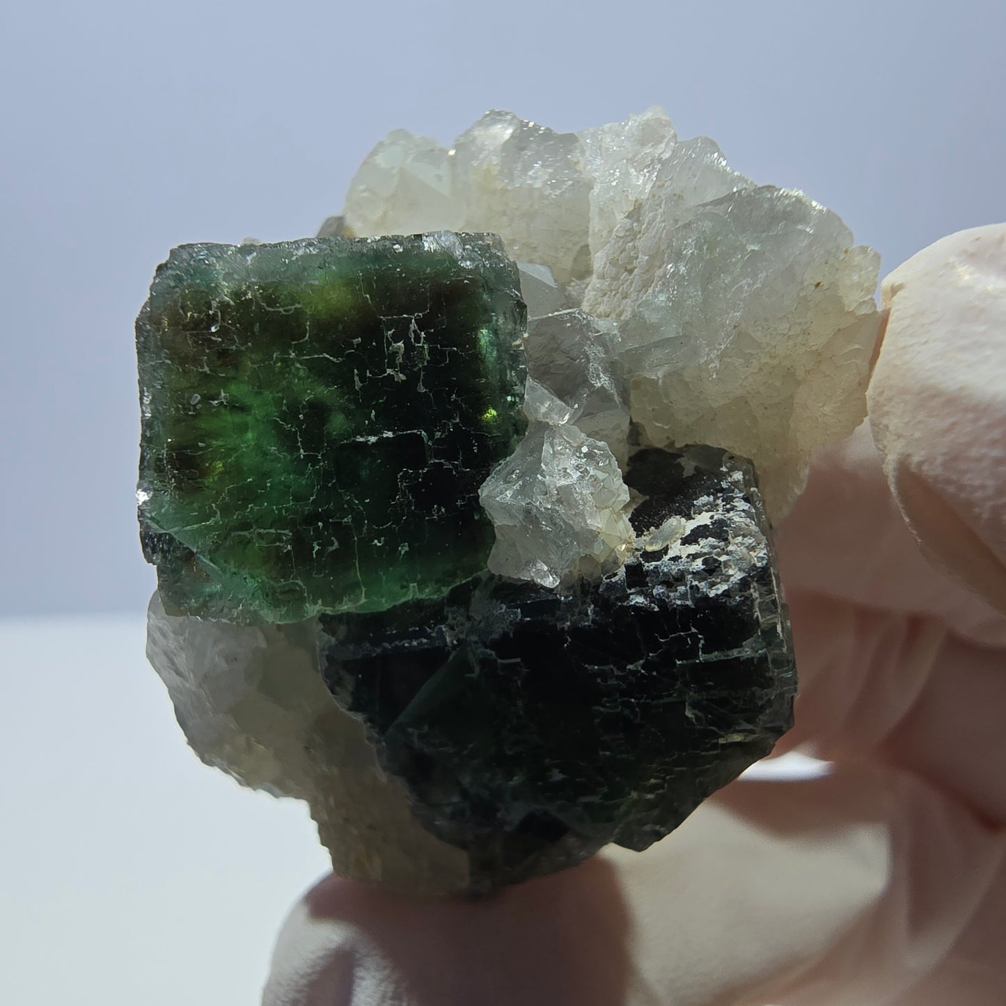 Rare cube de fluorite fantôme, spécimen de quartz vert violet Okorusu Namibie 37*29*27mm