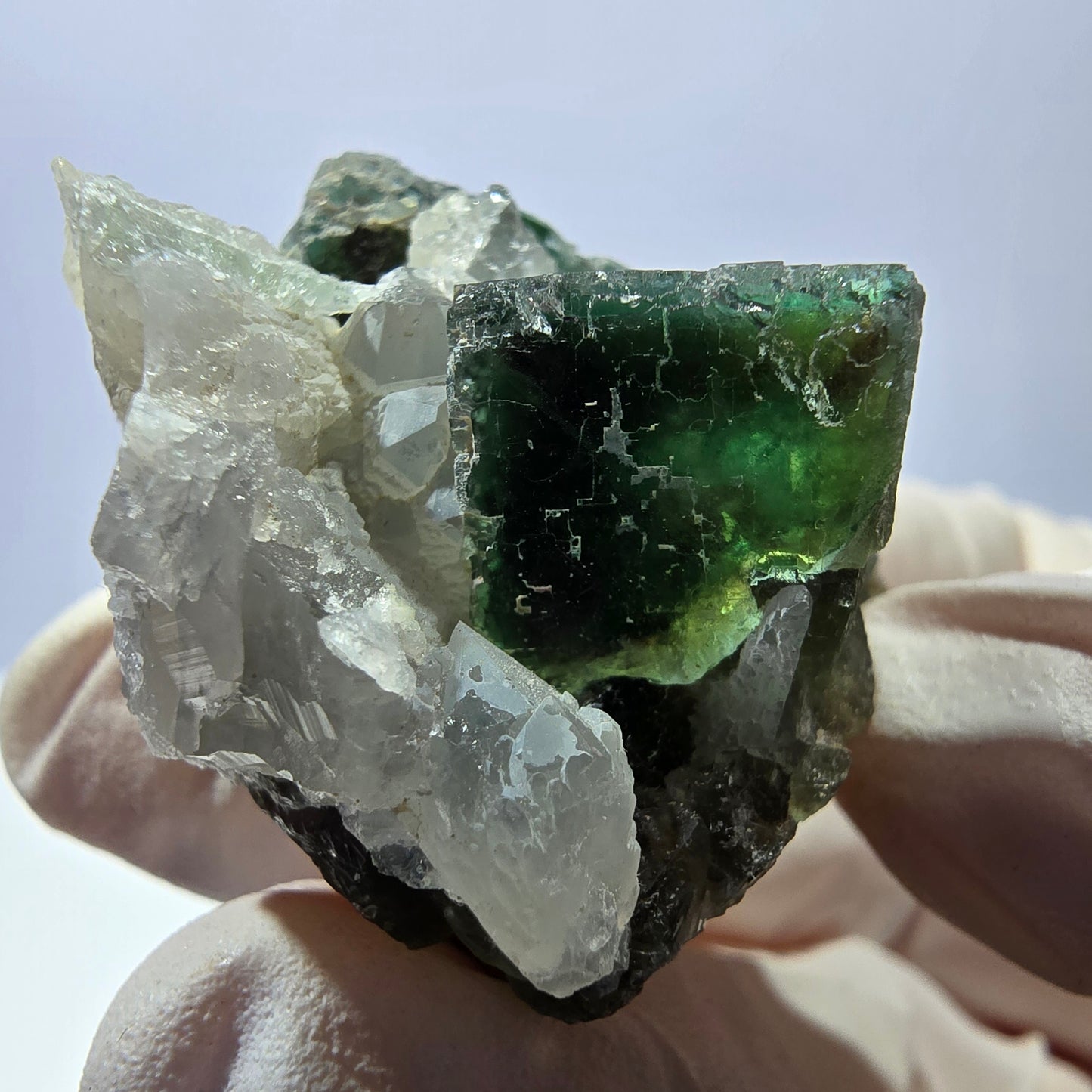 Rare cube de fluorite fantôme, spécimen de quartz vert violet Okorusu Namibie 37*29*27mm