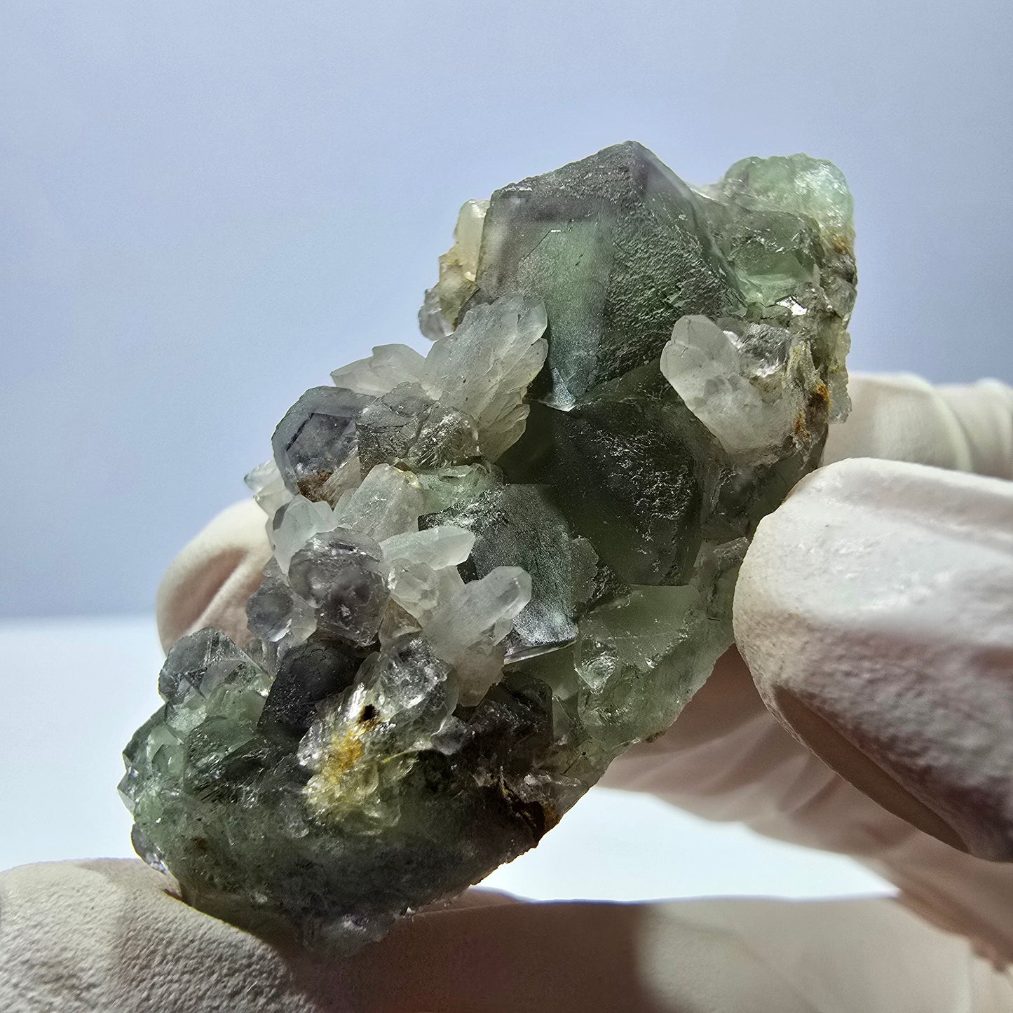 Rare cube de fluorite fantôme, spécimen de quartz vert Okorusu, Namibie, 48 x 22 x 17 mm