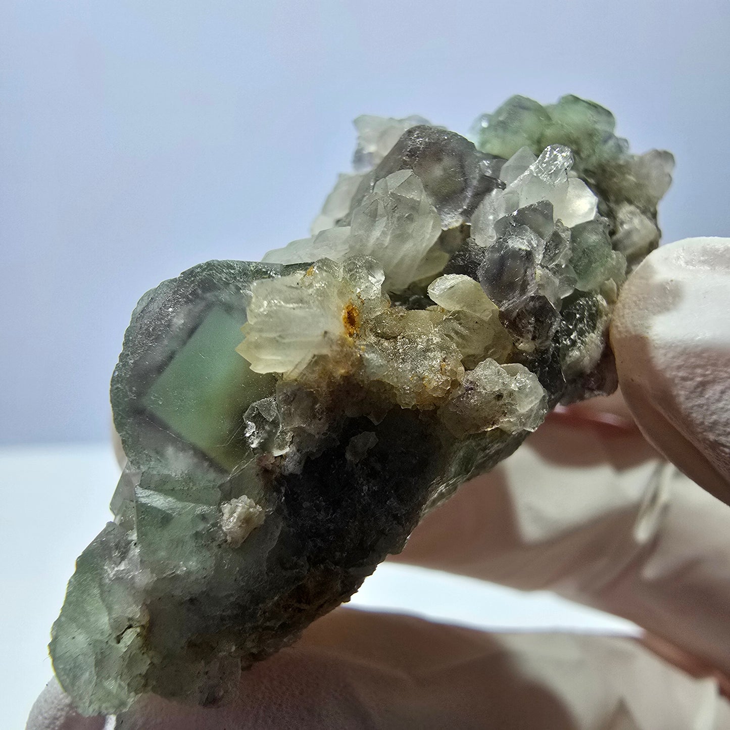 Rare cube de fluorite fantôme, spécimen de quartz vert Okorusu, Namibie, 48 x 22 x 17 mm