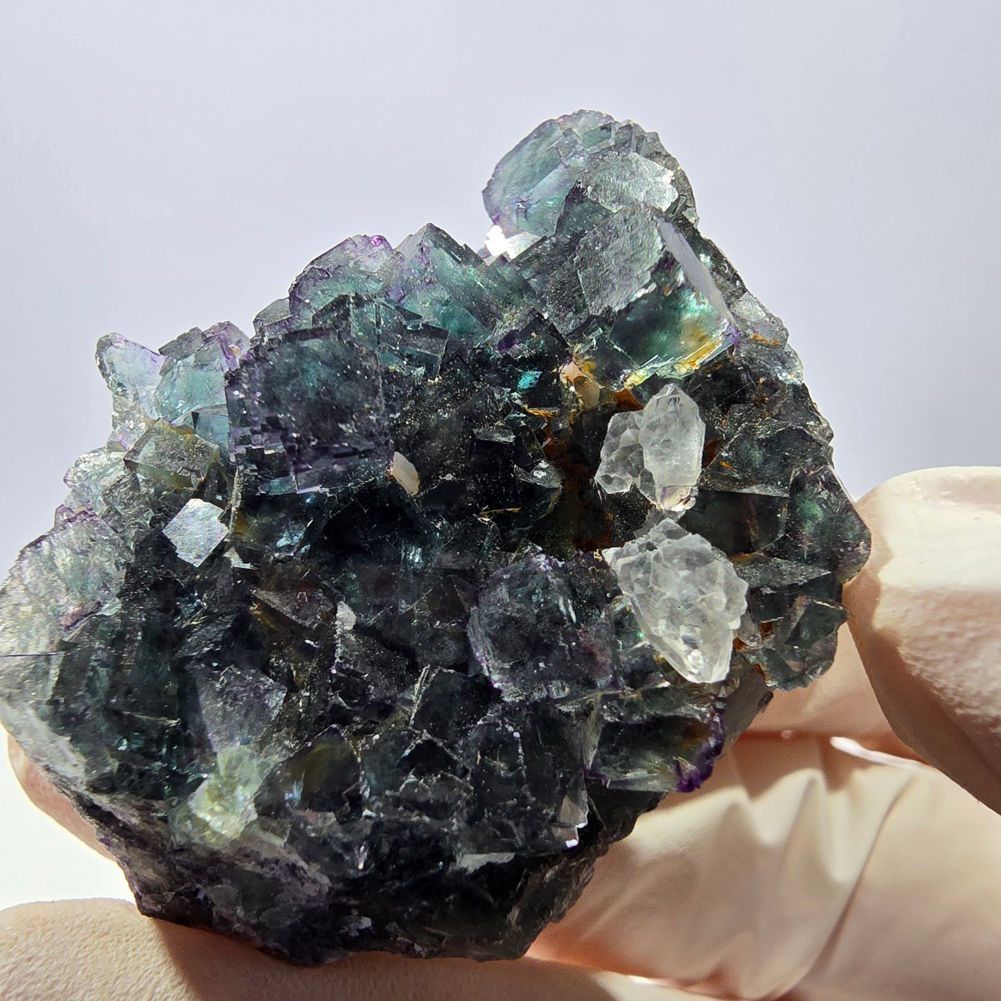 Rare cube de fluorite fantôme, spécimen de quartz vert violet Okorusu Namibie 43*33*26mm