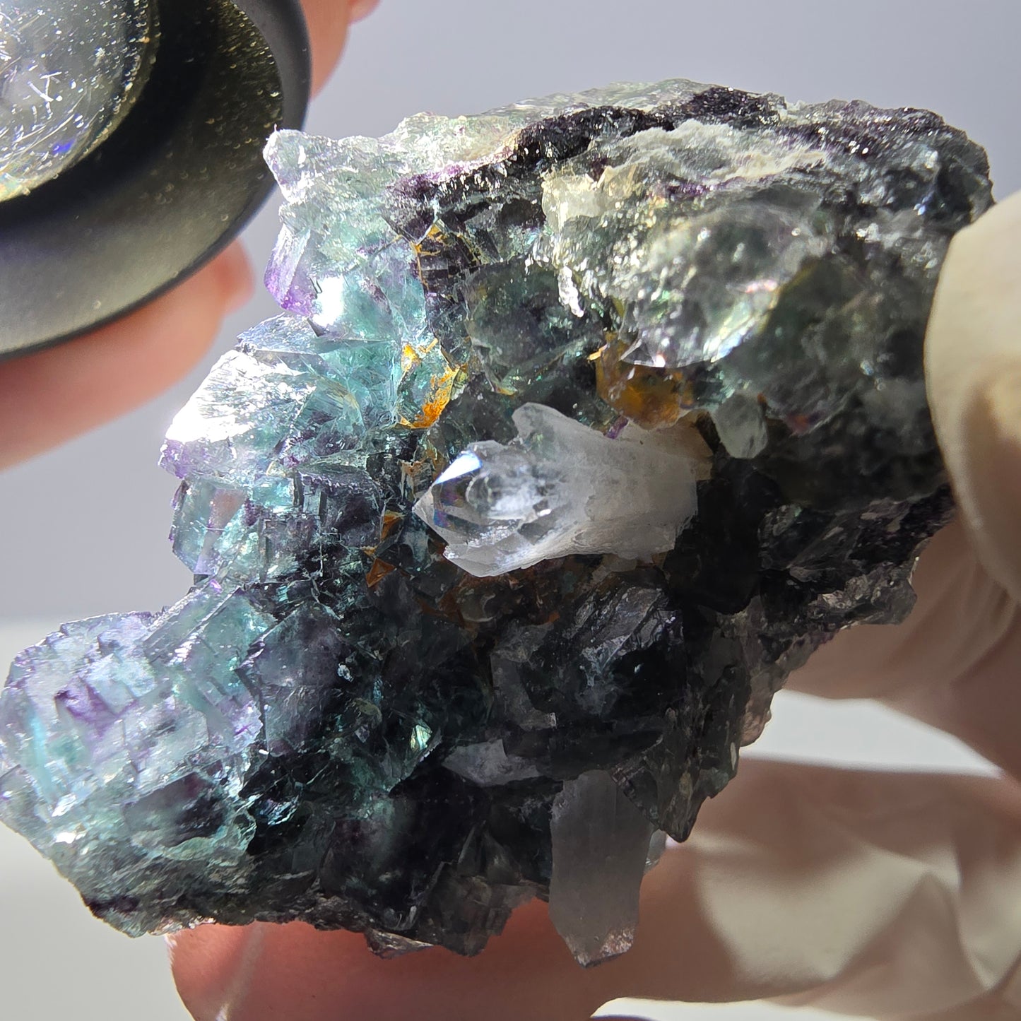 Rare cube de fluorite fantôme, spécimen de quartz vert violet Okorusu Namibie 43*33*26mm