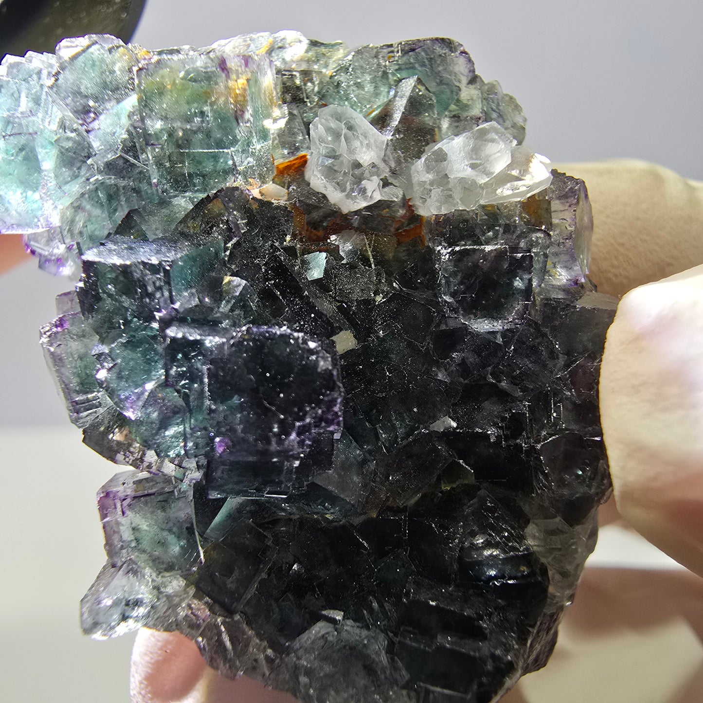 Rare cube de fluorite fantôme, spécimen de quartz vert violet Okorusu Namibie 43*33*26mm