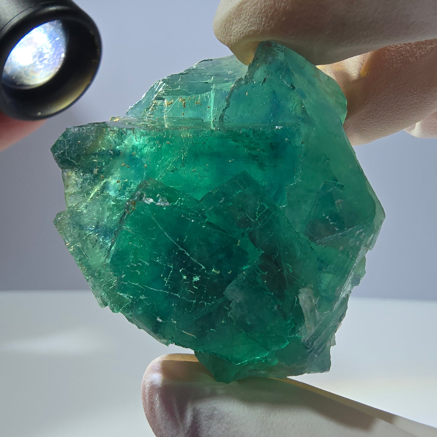 Spécimen de cube de fluorite fantôme transparente, vert parqueté, Okorusu, Namibie, 51 x 40 x 26 mm