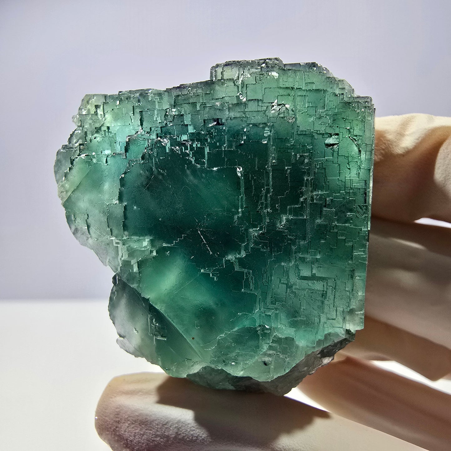 Spécimen de cube de fluorite fantôme transparente, vert parqueté, Okorusu, Namibie, 60 x 44 x 40 mm