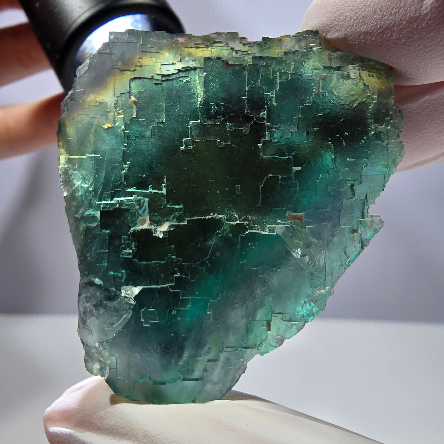 Spécimen de cube de fluorite fantôme transparente, vert parqueté, Okorusu, Namibie, 58 x 46 x 23 mm