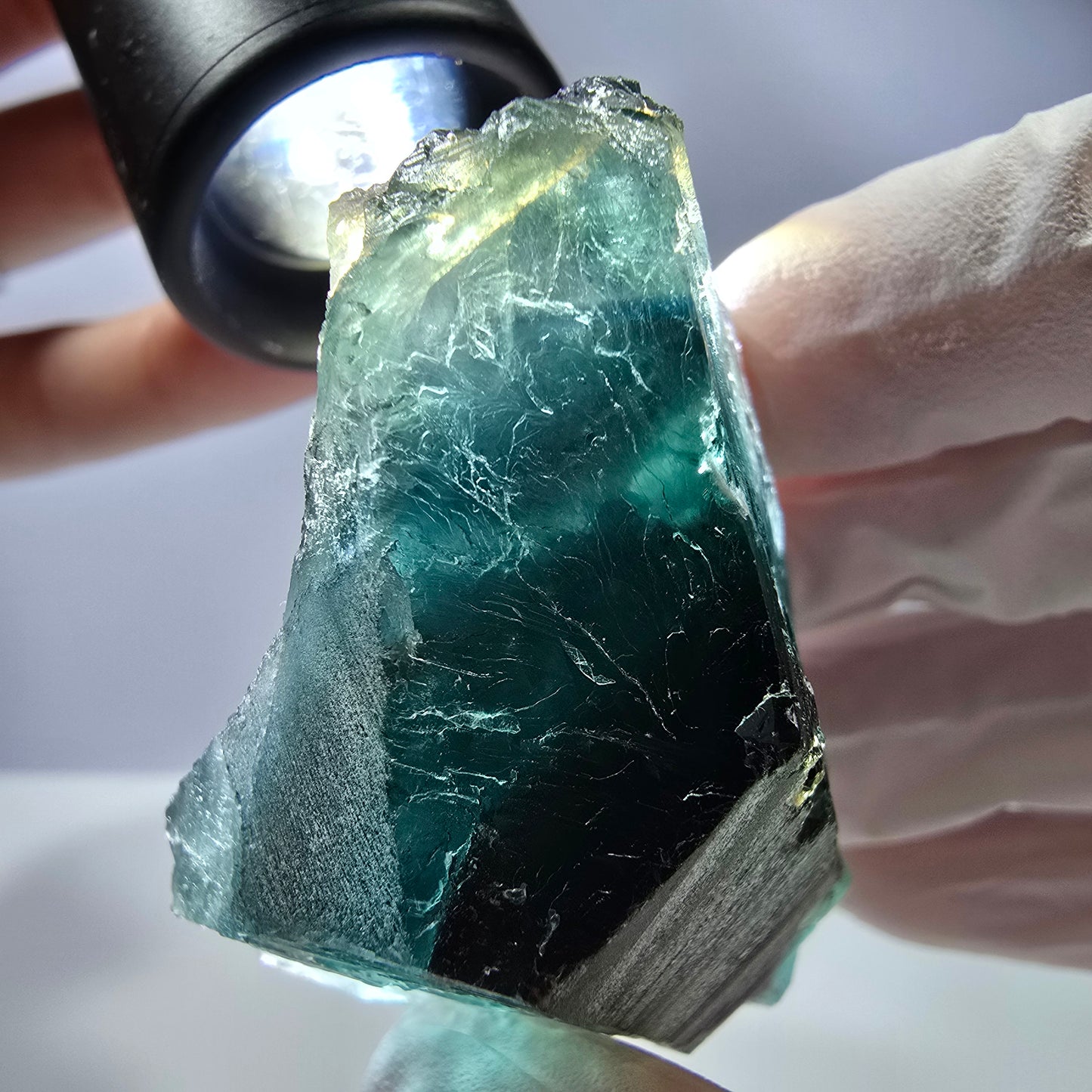 Spécimen de cube de fluorite fantôme transparente, vert parqueté, Okorusu, Namibie, 58 x 46 x 23 mm