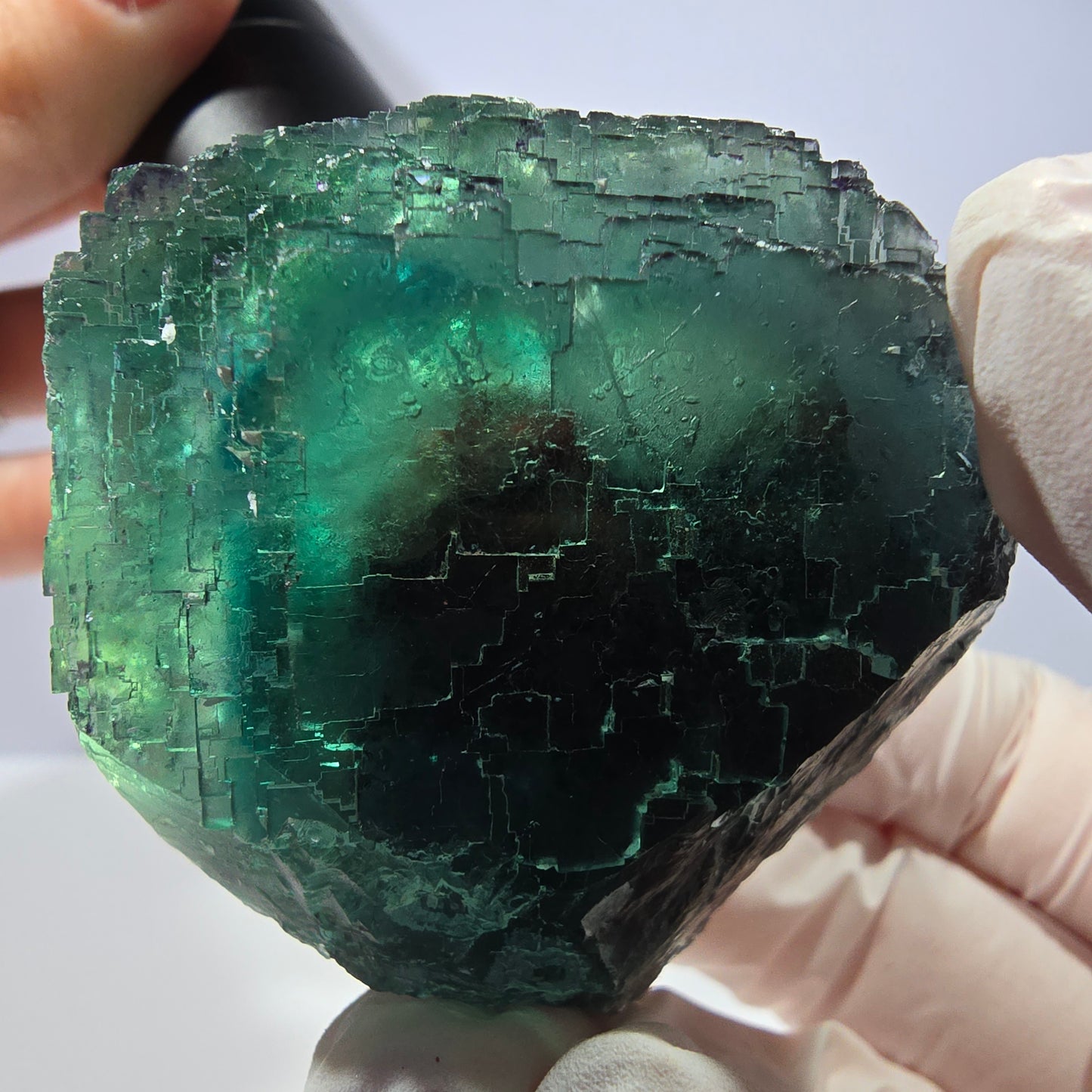 Spécimen de cube de fluorite fantôme transparente, vert parqueté, Okorusu, Namibie, 52 x 49 x 41 mm