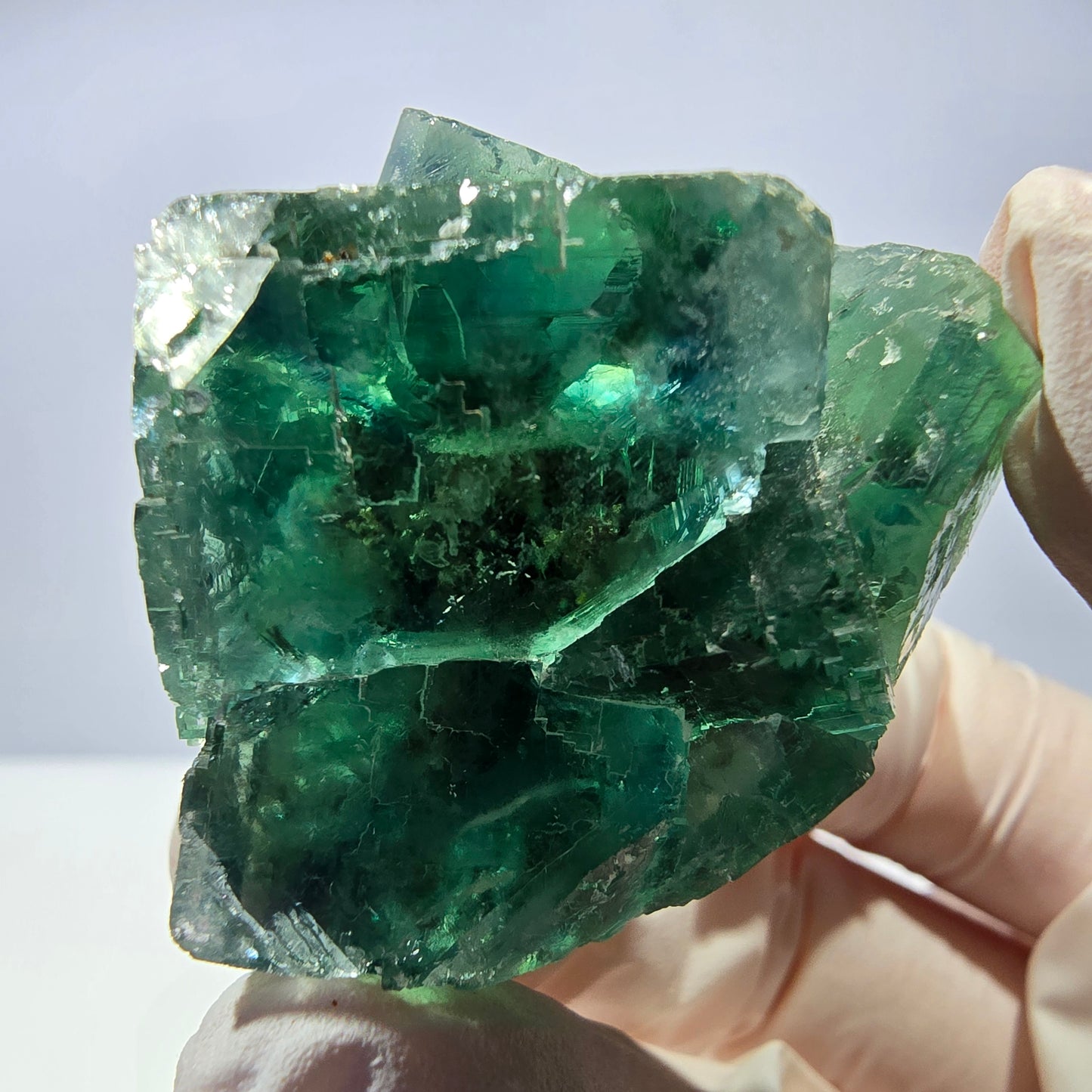 Spécimen de cube de fluorite fantôme transparente, vert parqueté, Okorusu, Namibie, 42 x 38 x 38 mm