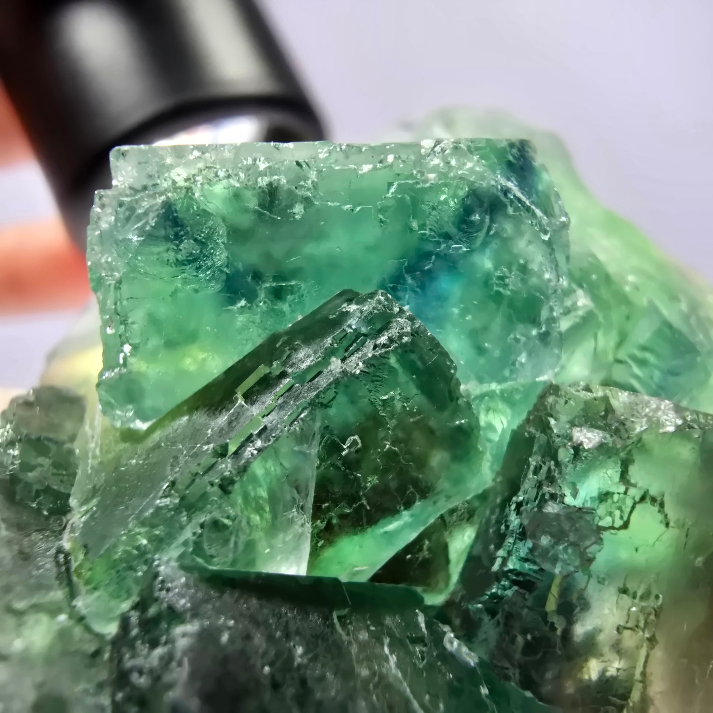 Spécimen de cube de fluorite fantôme transparente, vert parqueté, Okorusu, Namibie, 55 x 45 x 23 mm