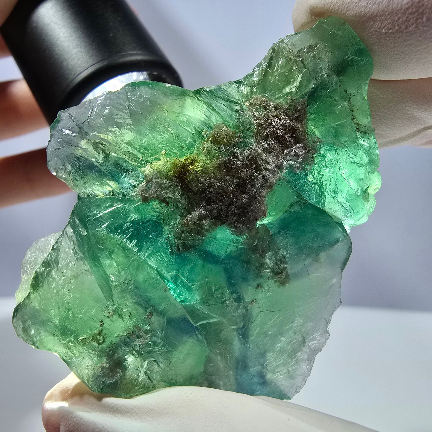 Spécimen de cube de fluorite fantôme transparente, vert parqueté, Okorusu, Namibie, 55 x 45 x 23 mm
