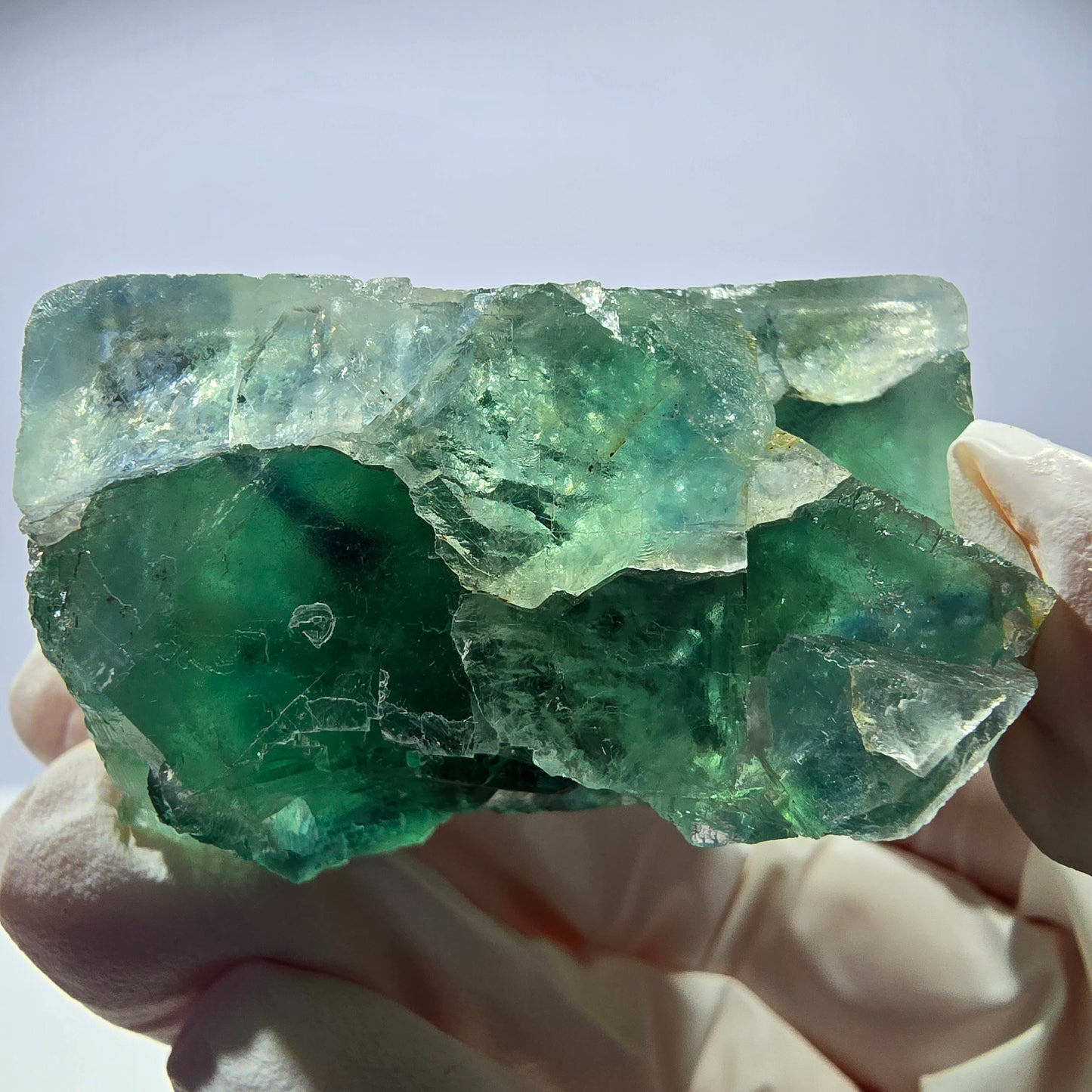 Spécimen de cube de fluorite fantôme transparente, vert parqueté, Okorusu, Namibie, 43 x 37 x 21 mm