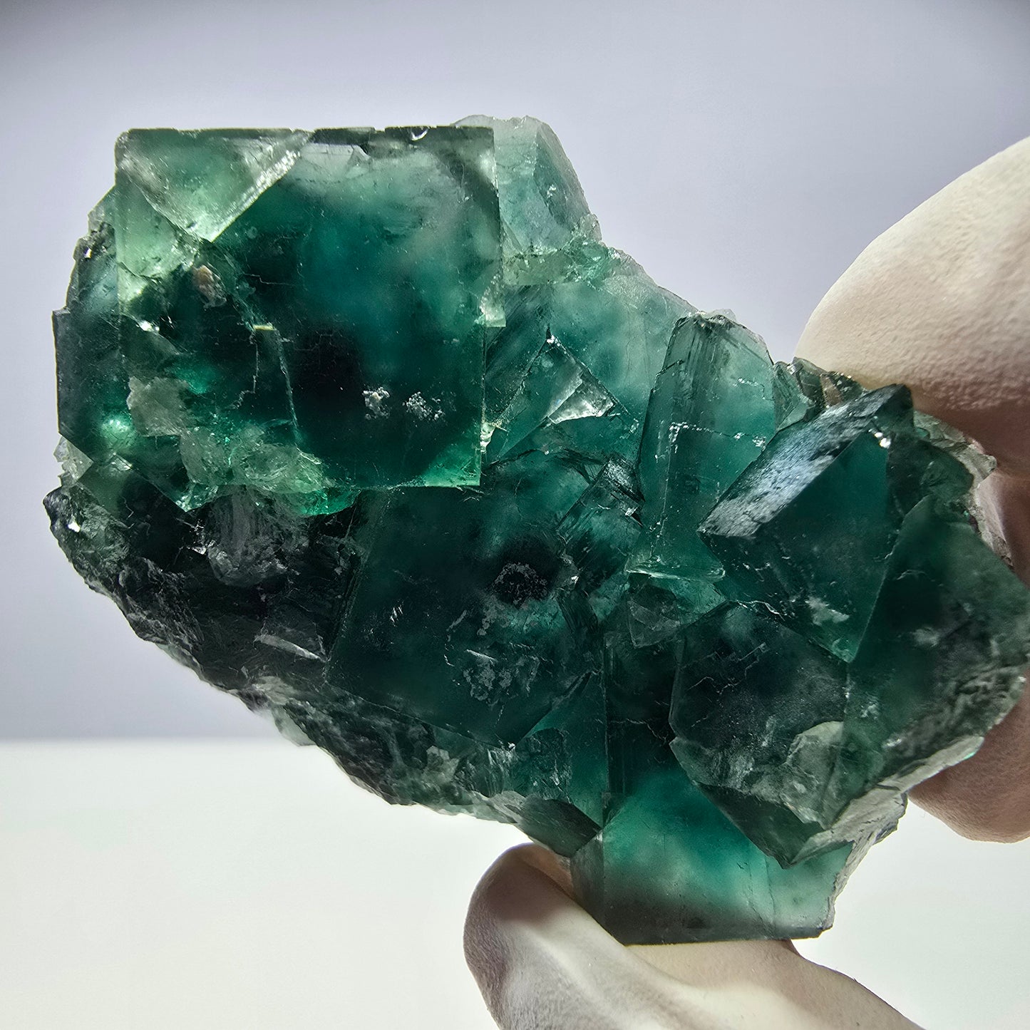 Spécimen de cube de fluorite fantôme transparente, vert parqueté, Okorusu, Namibie, 58 x 45 x 16 mm