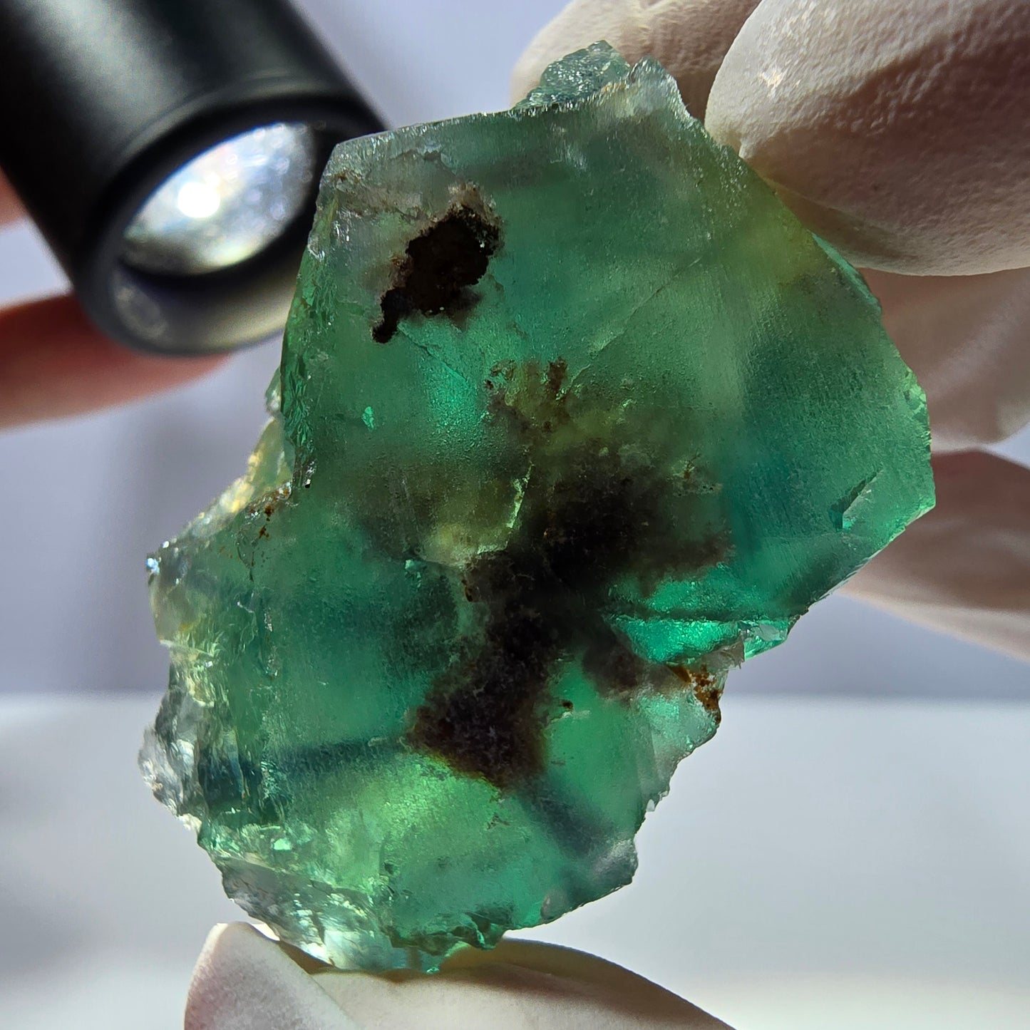 Spécimen de cube de fluorite fantôme transparente, vert parqueté, Okorusu, Namibie, 48 x 29 x 25 mm