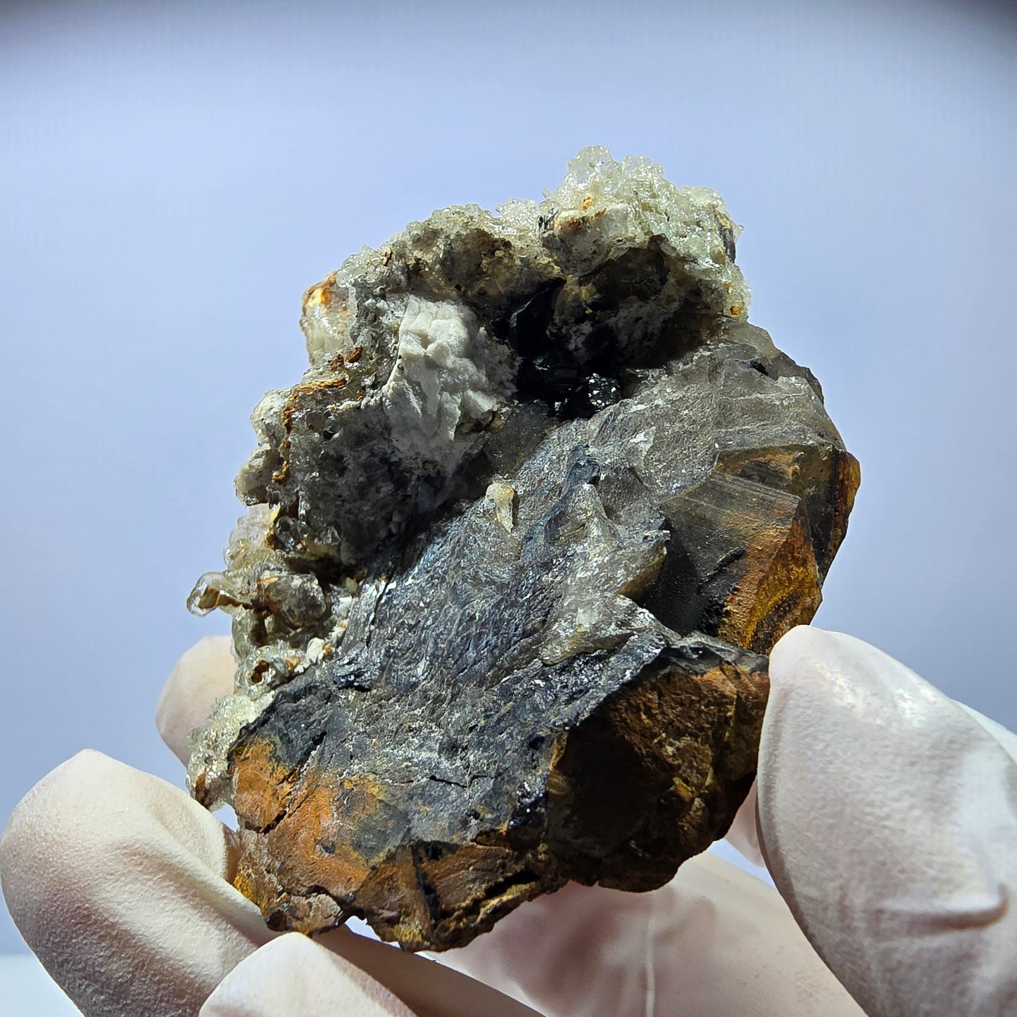 Hyalit Opal, Rauchquarz, Schörl Turmalin, Orthoklas Erongo, Namibia 71*58*45mm