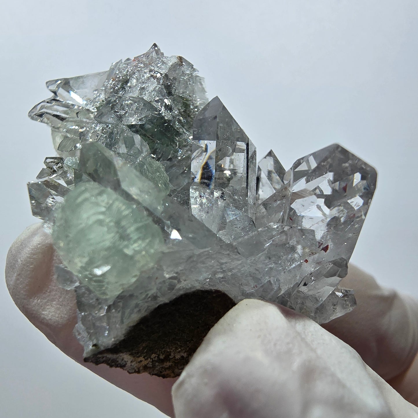 Quartz Harlequin Starburst, spécimen de préhnite, mine Streep, Goboboseb, Namibie, 44 x 39 x 25 mm