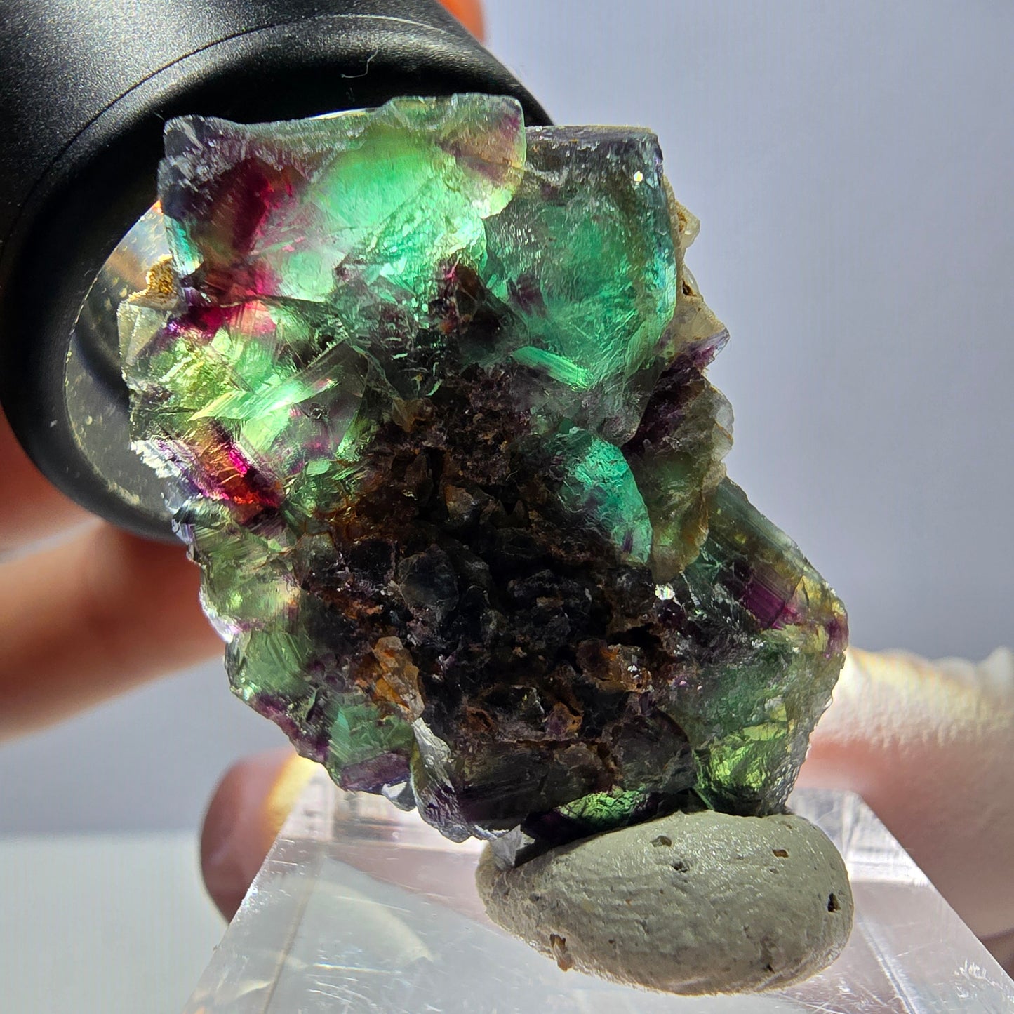 Rare cube de fluorite UV, spécimen de quartz, vert violet, Okorusu, Namibie 32 x 26 x 15 mm