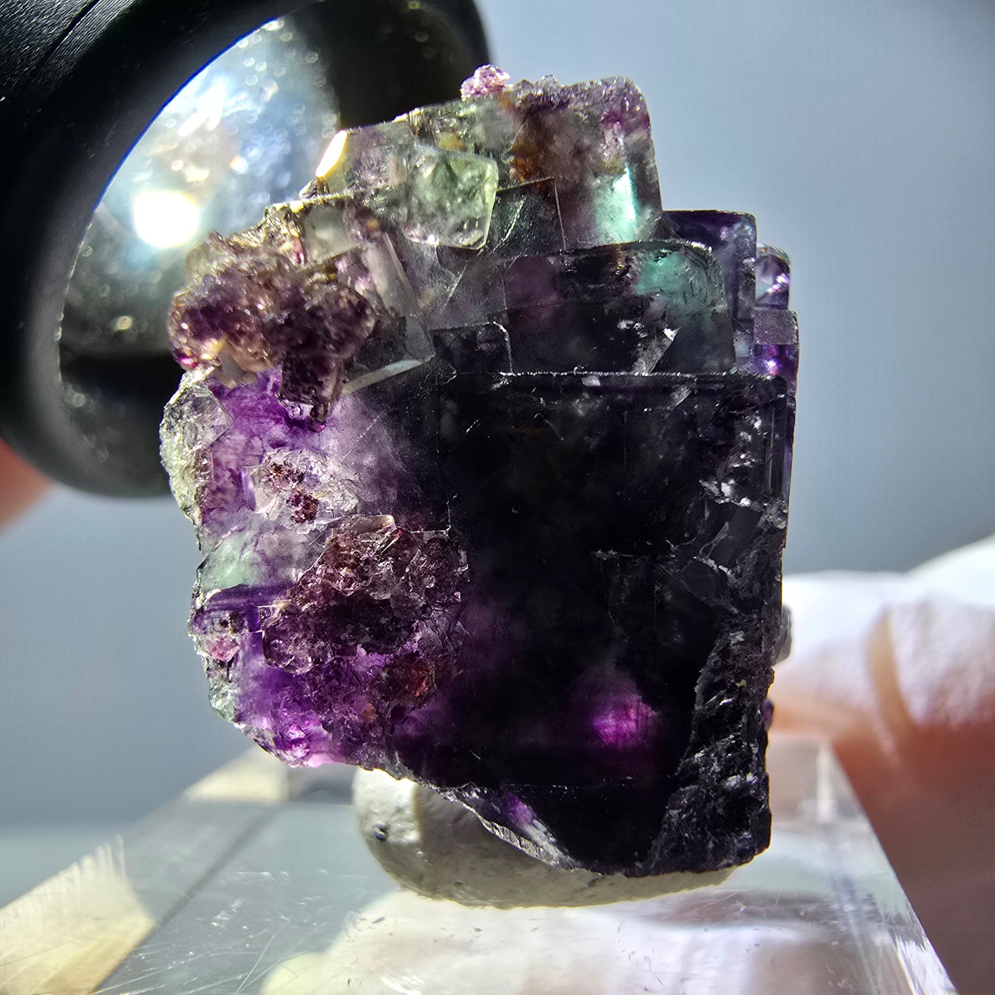Spécimen rare de cube de fluorite, vert violet, Okorusu, Namibie, 25 x 18 x 18 mm