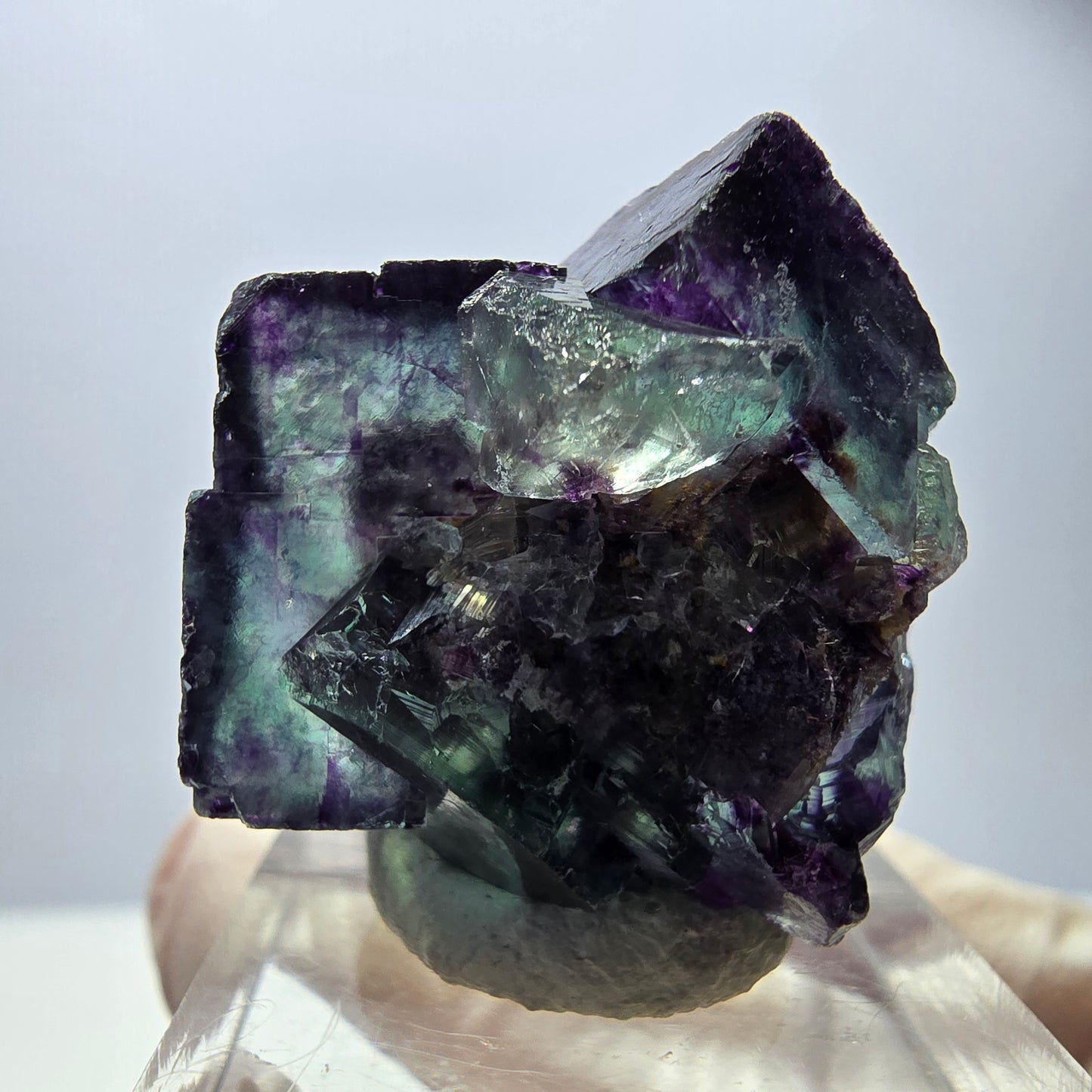 Spécimen rare de cube de fluorite, vert violet, Okorusu, Namibie, 27 x 25 x 17 mm