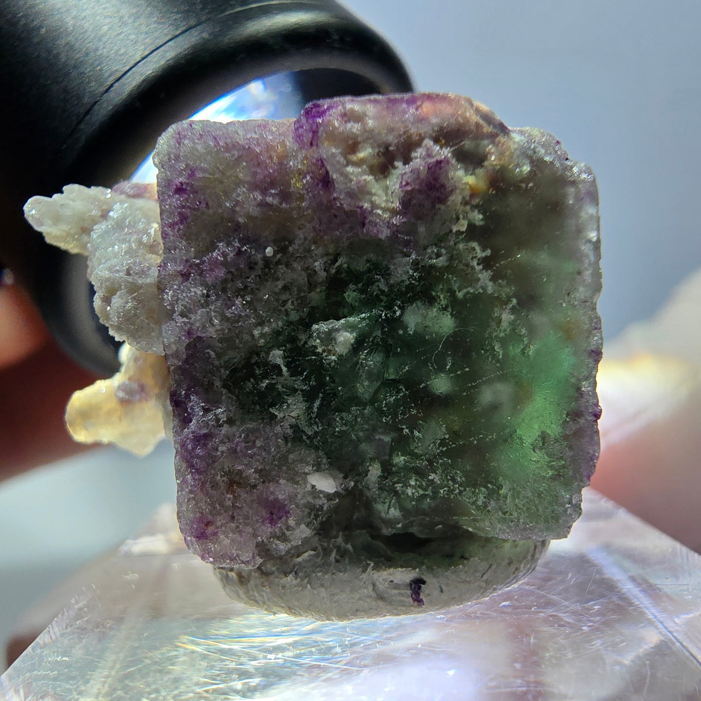 Phantom Fluorit Würfel, Quarz Stufe, grün lila Okorusu, Namibia 22*19*19mm