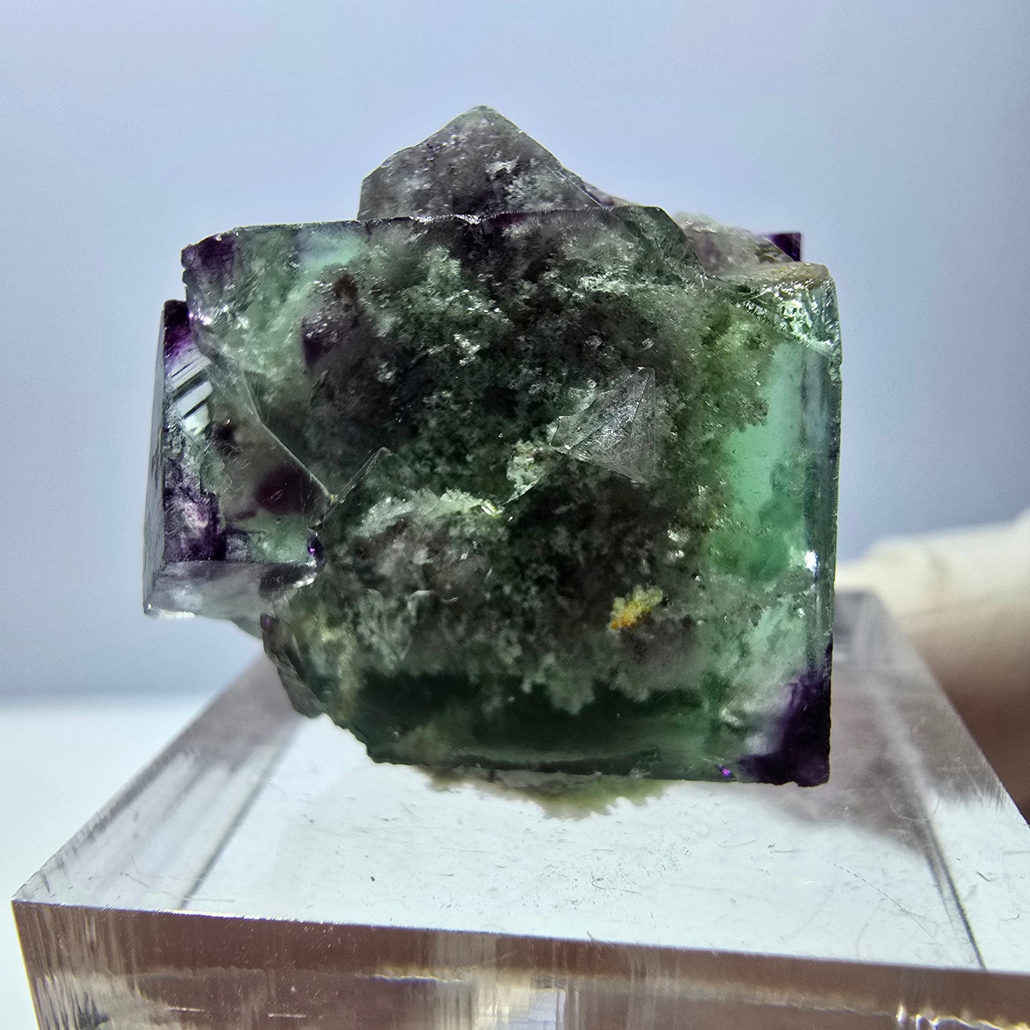 Phantom Fluorit Würfel, Quarz Stufe, grün lila Okorusu, Namibia 22*21*18mm