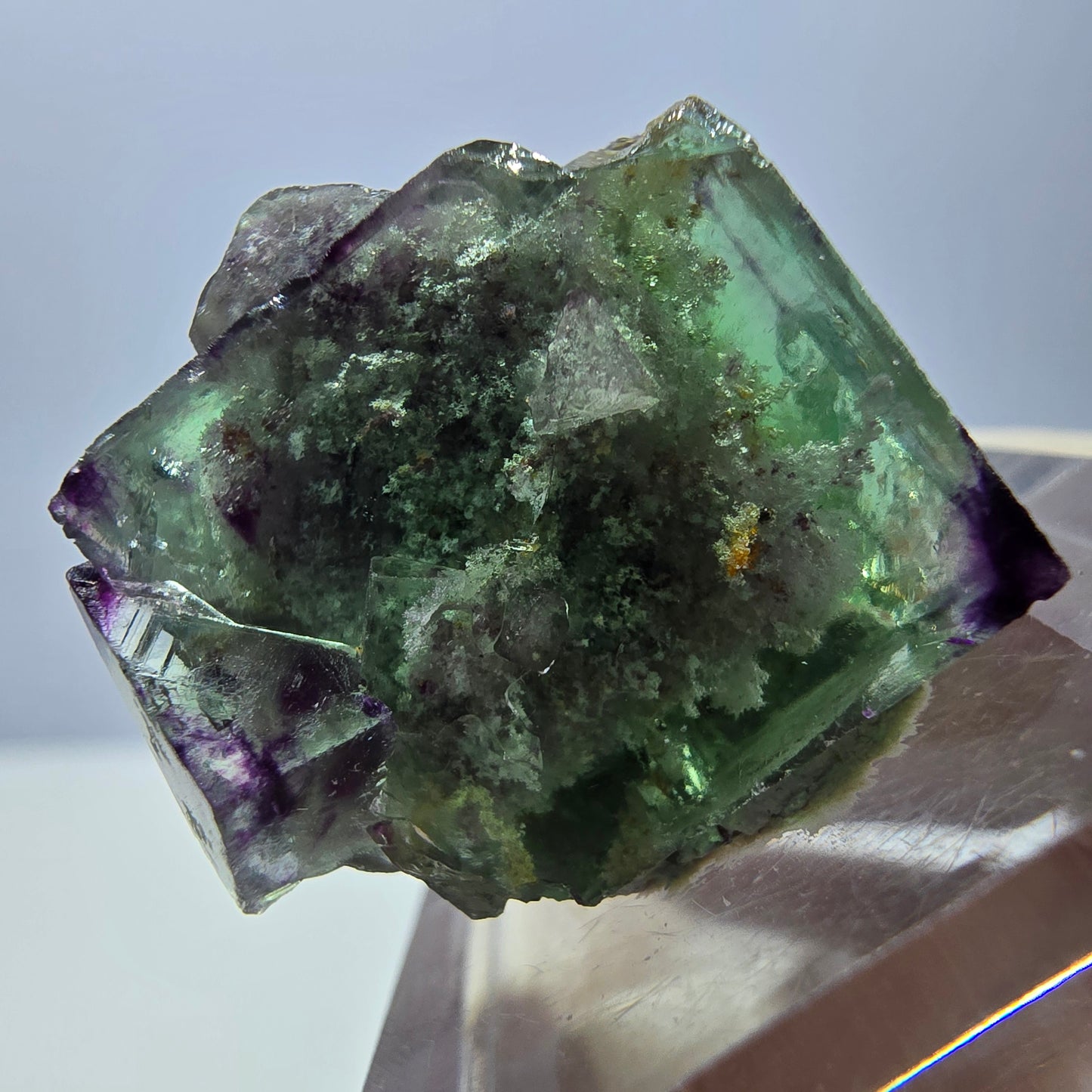 Phantom Fluorit Würfel, Quarz Stufe, grün lila Okorusu, Namibia 22*21*18mm