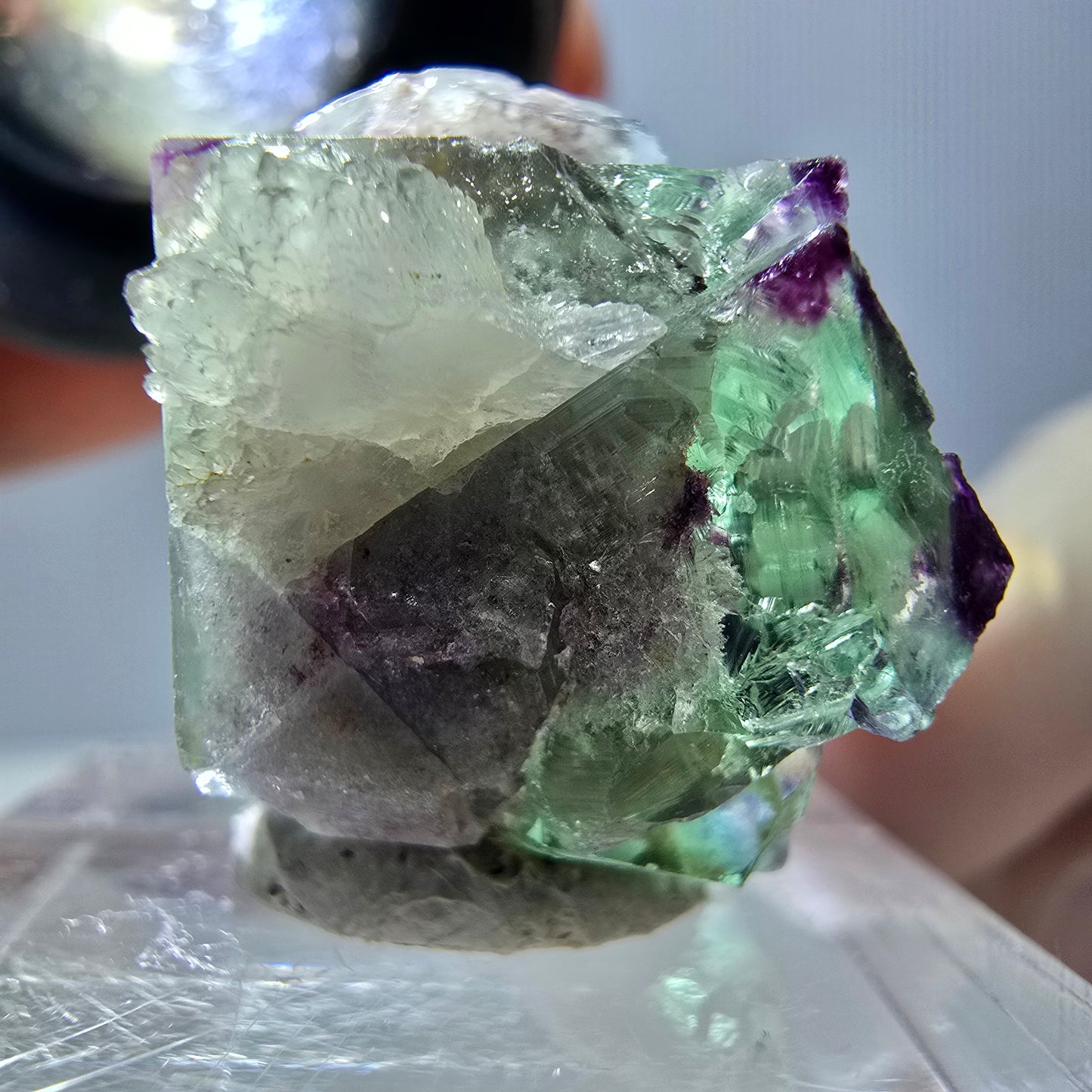 Phantom Fluorit Würfel, Quarz Stufe, grün lila Okorusu, Namibia 22*21*18mm