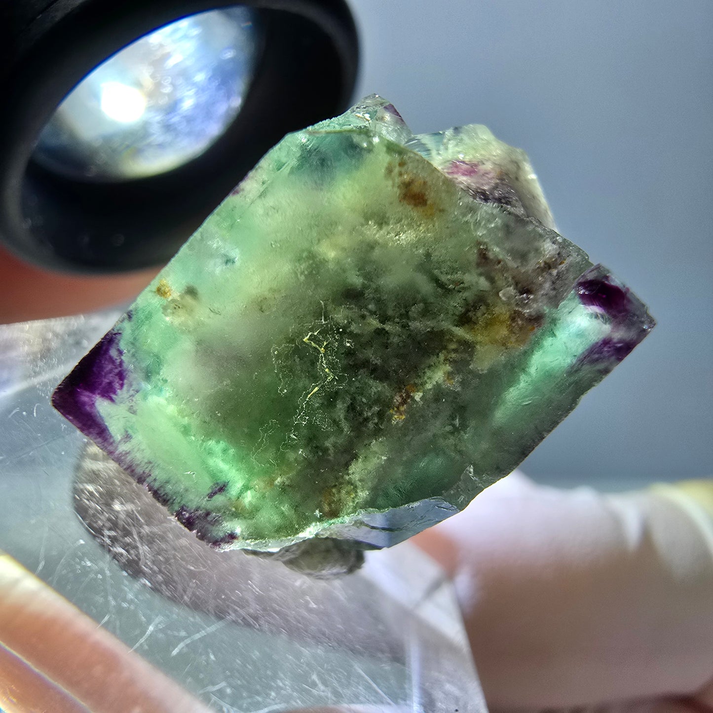 Phantom Fluorit Würfel, Quarz Stufe, grün lila Okorusu, Namibia 22*21*18mm