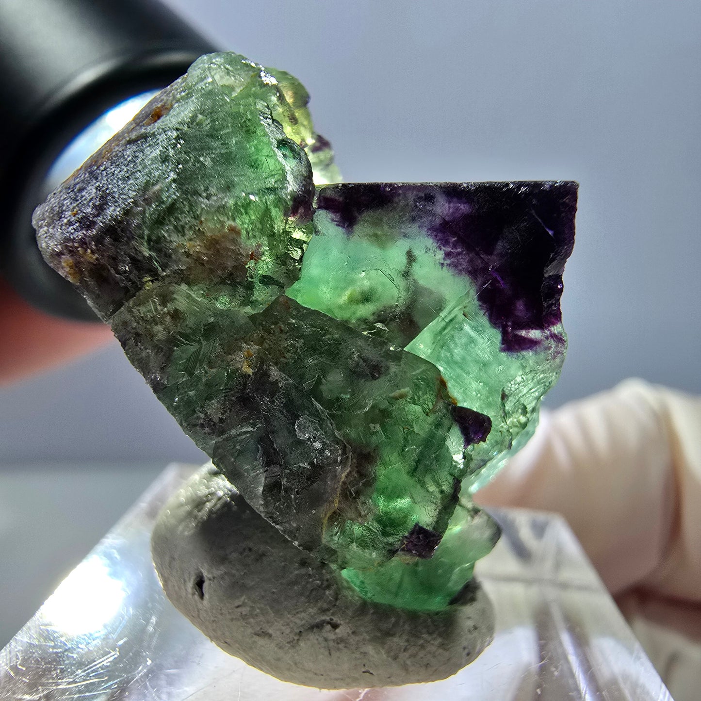 Spécimen de cube de fluorite fantôme, parqueté vert violet Okorusu, Namibie 27*25*20 mm