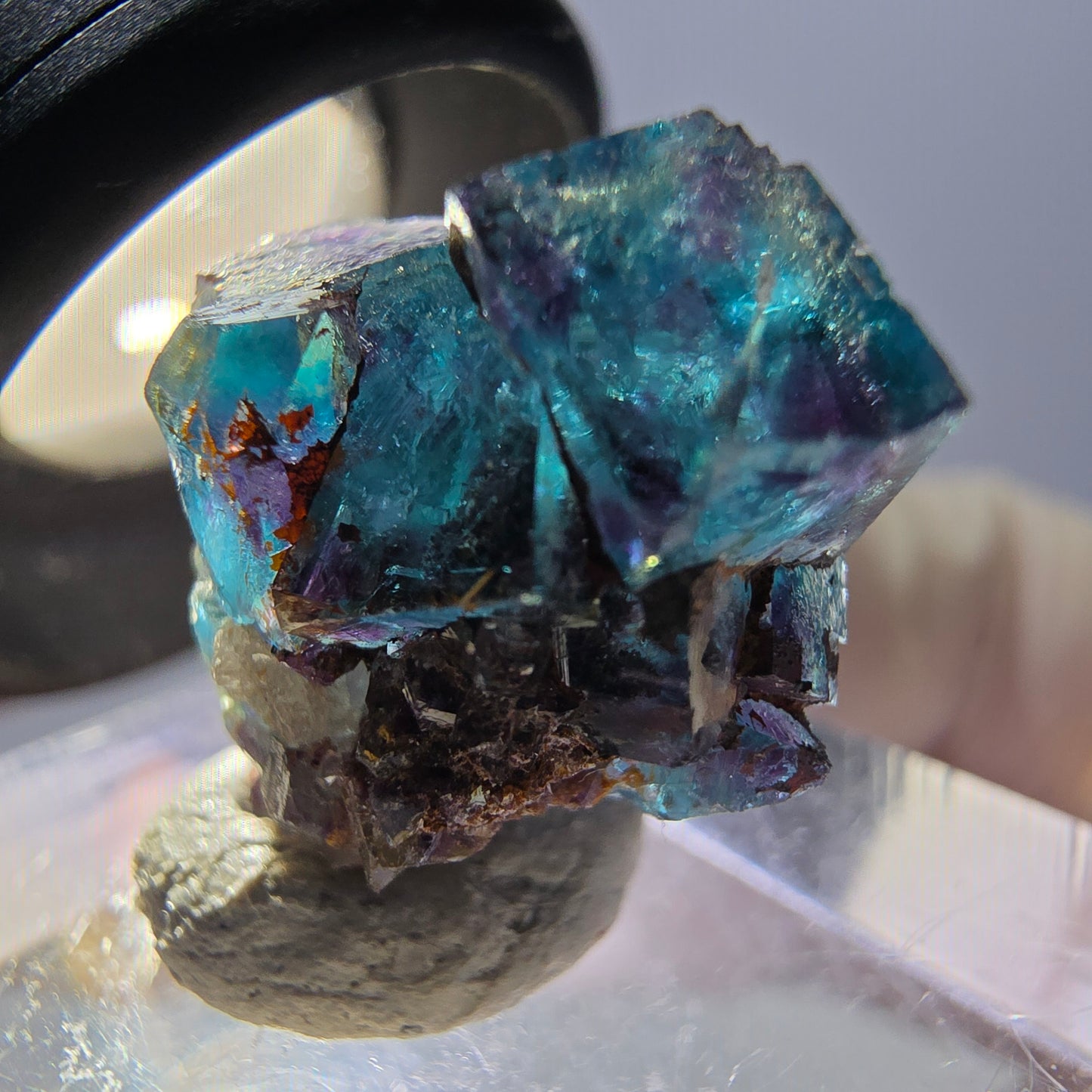 Spécimen de cube de fluorite fantôme, parqueté vert violet Okorusu, Namibie 20 x 15 x 12 mm