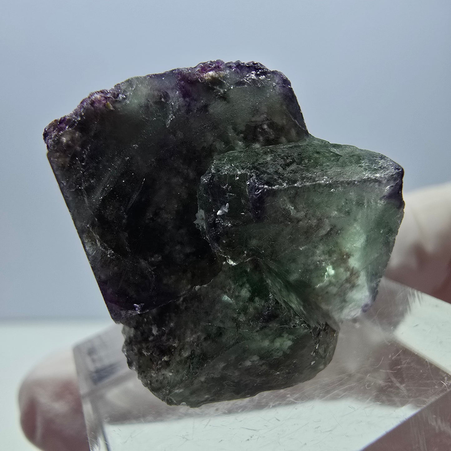Spécimen de cube de fluorite fantôme, vert violet, Okorusu, Namibie, 24 x 20 x 20 mm