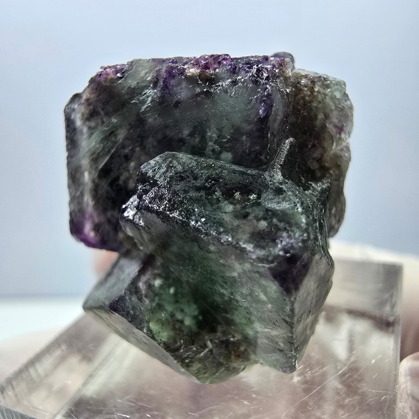 Spécimen de cube de fluorite fantôme, vert violet, Okorusu, Namibie, 24 x 20 x 20 mm