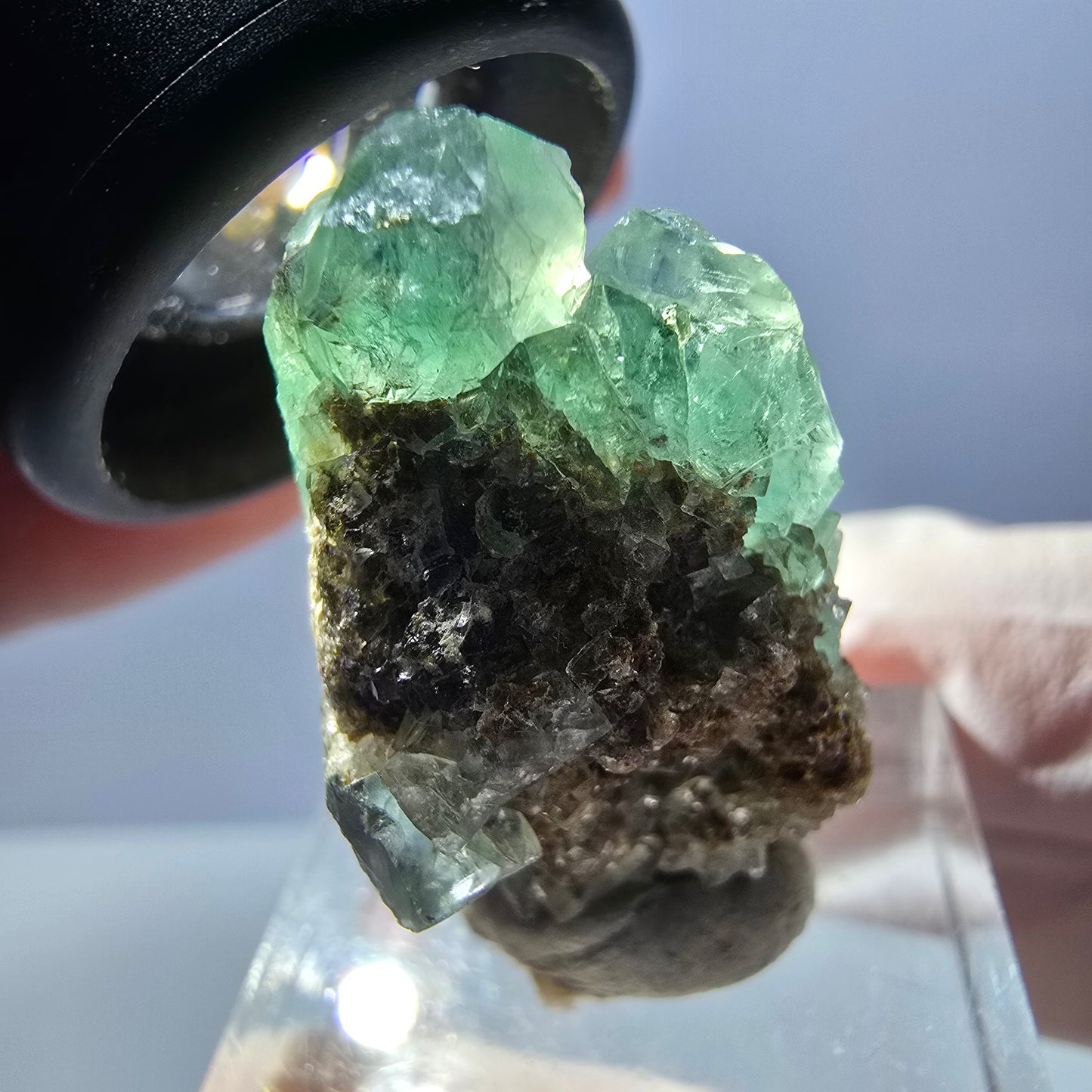 Spécimen de cube de fluorite fantôme, vert violet, Okorusu, Namibie, 32 x 20 x 18 mm