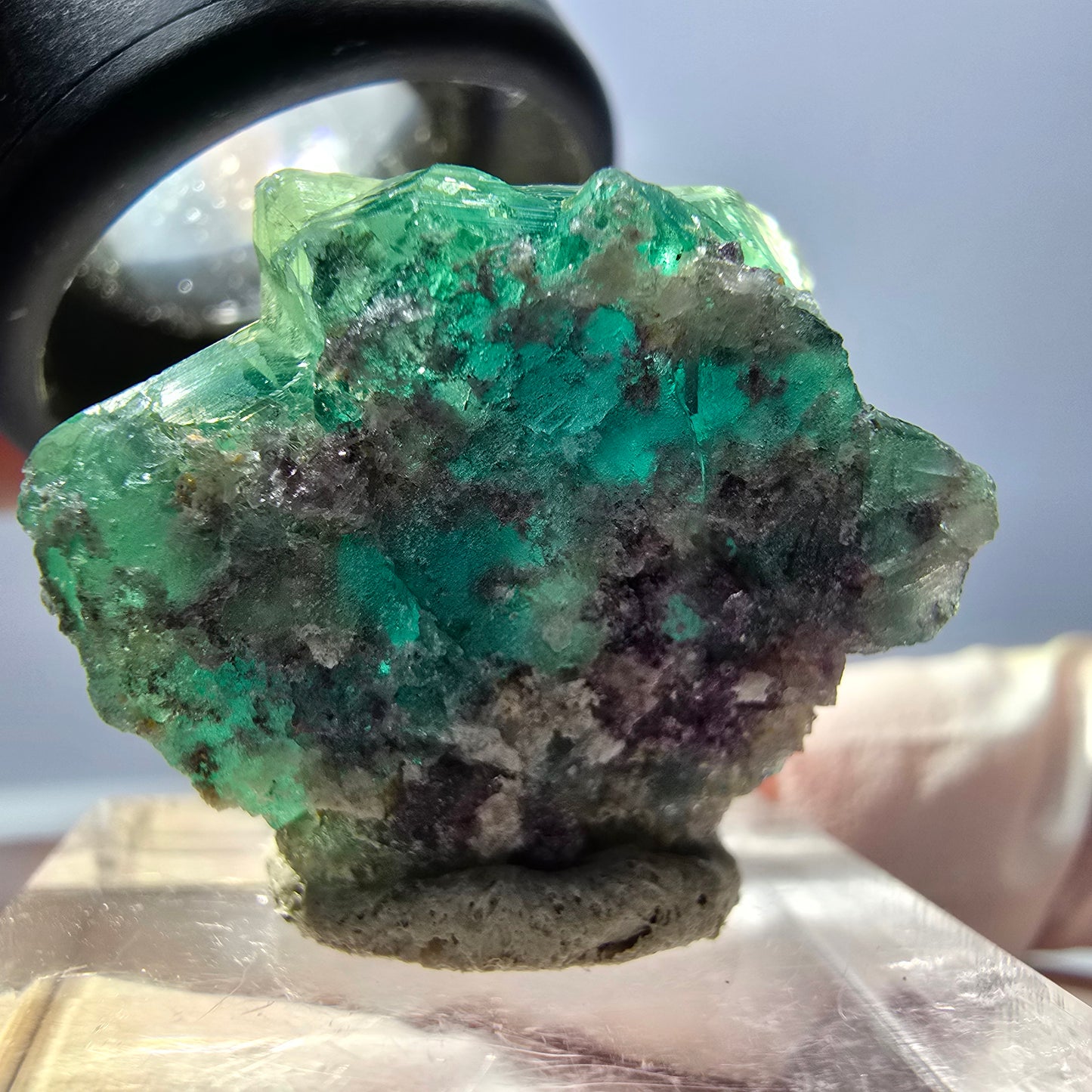 Spécimen de cube de fluorite fantôme, vert violet, Okorusu, Namibie, 27 x 22 x 15 mm