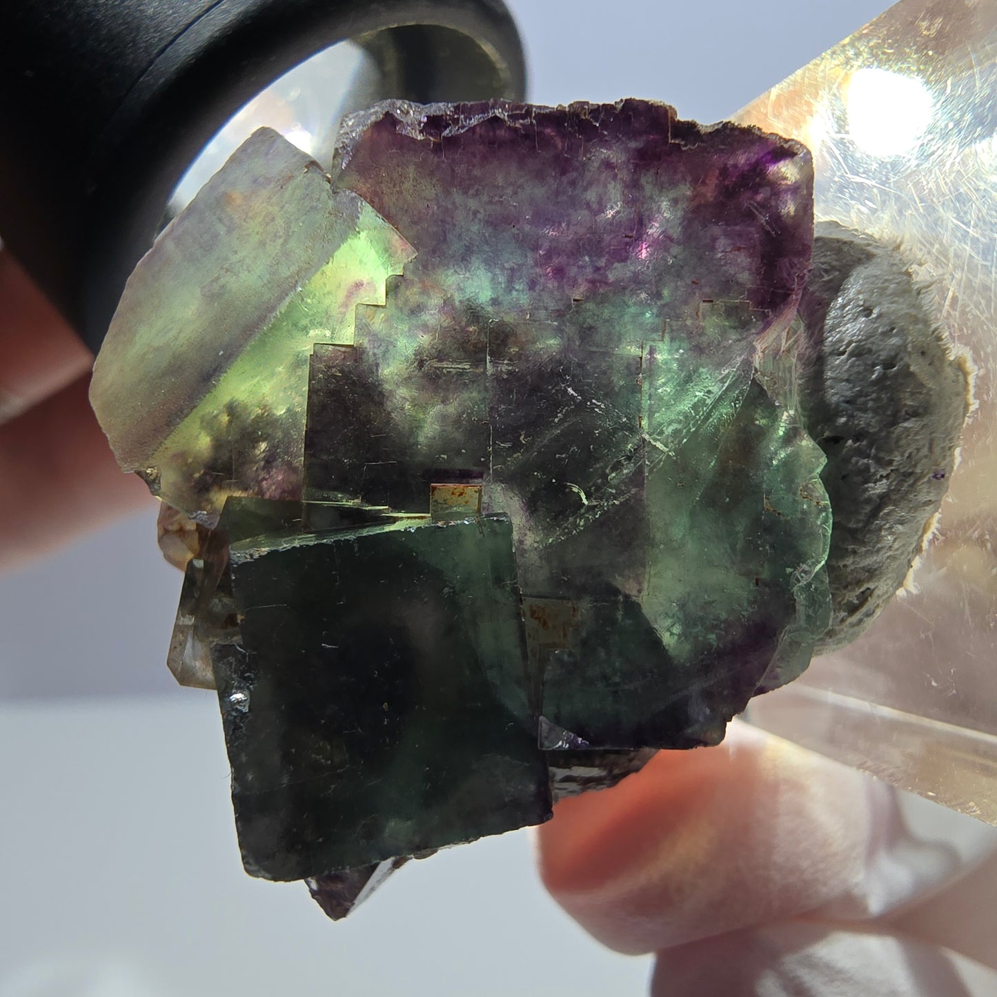 Spécimen de cube de fluorite fantôme, parqueté vert violet Okorusu, Namibie 30*28*15 mm