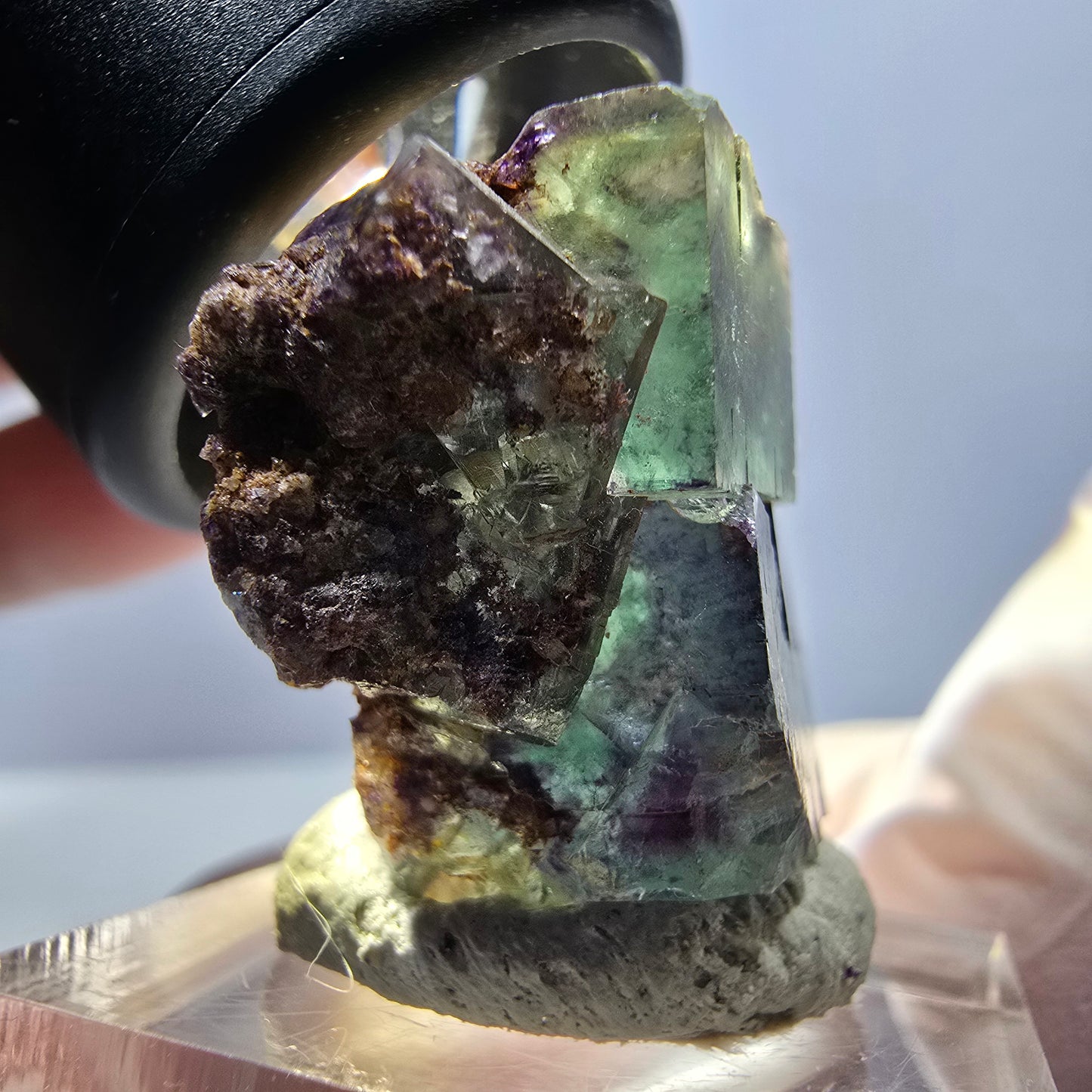 Spécimen de cube de fluorite fantôme, parqueté vert violet Okorusu, Namibie 30*28*15 mm